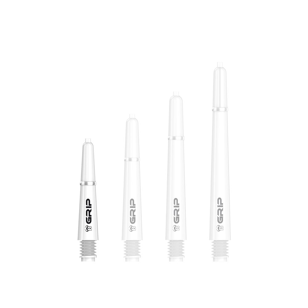 BS55089_Bulls_B-Grip-2_SL_Shafts_Weiss_28mm_1qvs1RFi2OKQNN Das Bild zeigt vier weiße Bulls B-Grip-2 SL Shafts in unterschiedlichen Längen. Sie sind nebeneinander angeordnet und haben ein schwarzes "GRIP"-Logo aufgedruckt.