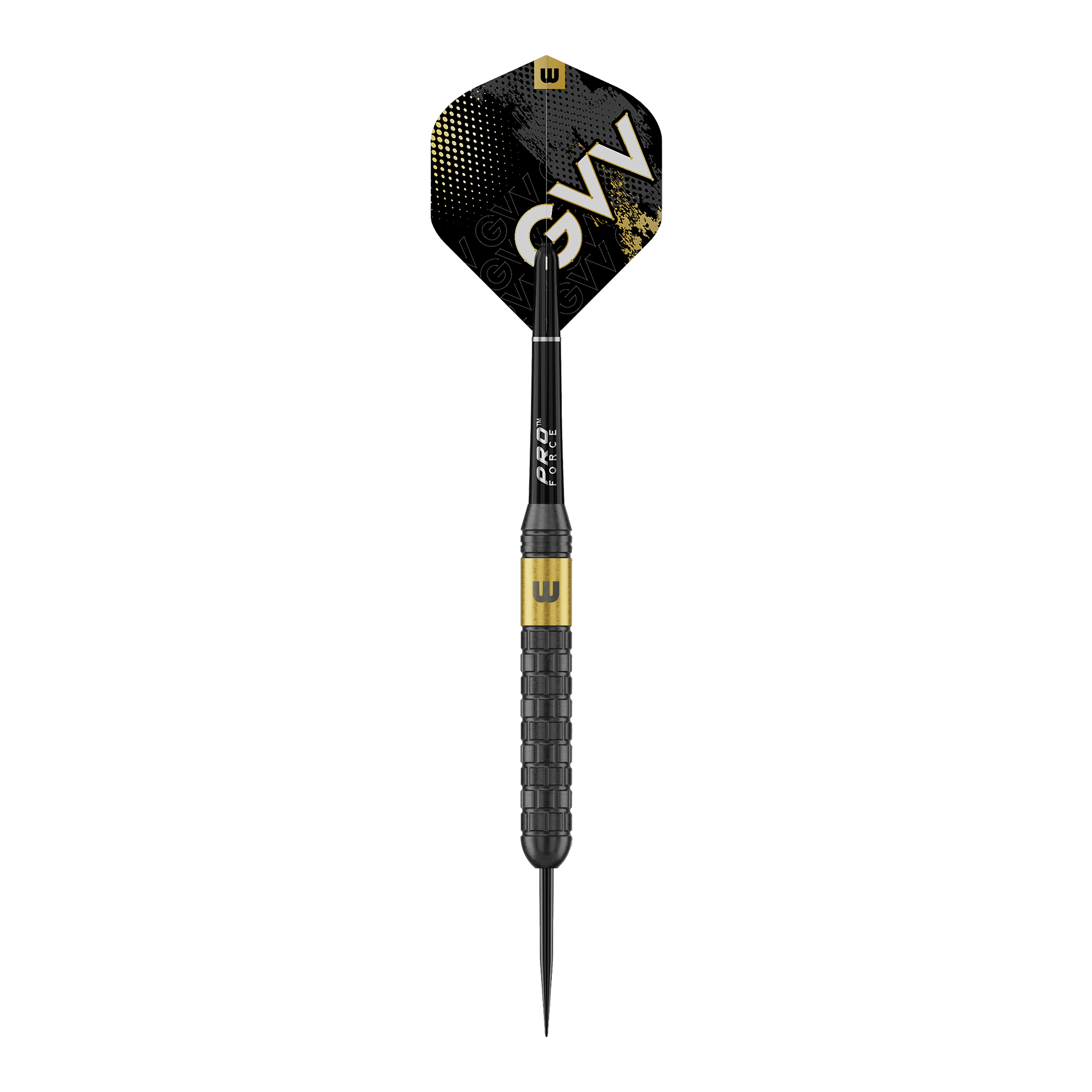 Das Bild zeigt Winmau Gian Van Veen Core Brass Steeldarts mit einem Gewicht von 21 Gramm. Die Steeldarts sind aus einer seitlichen Perspektive zu sehen.