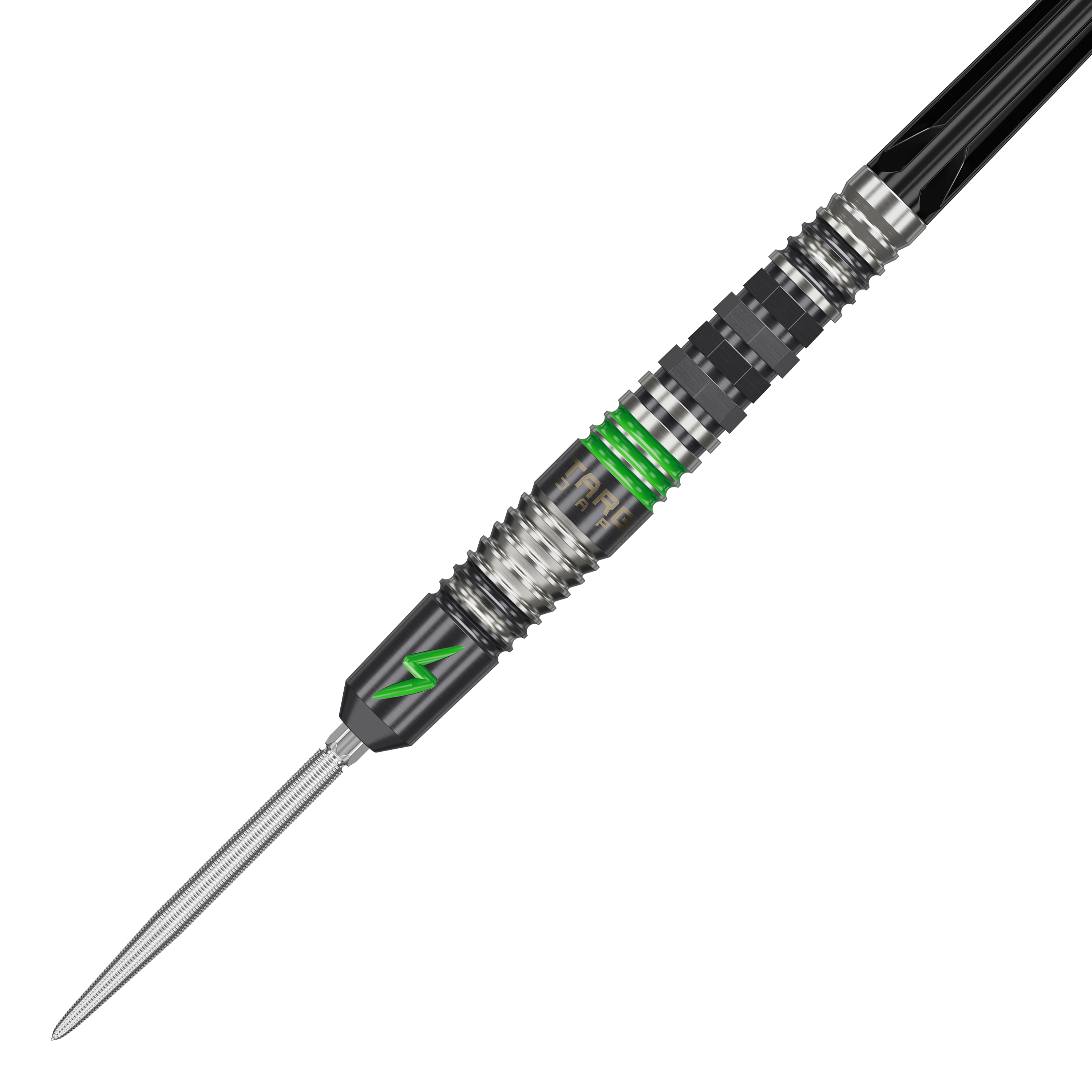 Dardos de acero Target Japan Black Marque Lightning 3 SP Das Bild zeigt einen Target Japan Black Marque Lightning 3 SP Steeldart. Der Dartpfeil hat ein modernes Design mit schwarzen und silbernen Elementen sowie auffälligen grünen Akzenten.