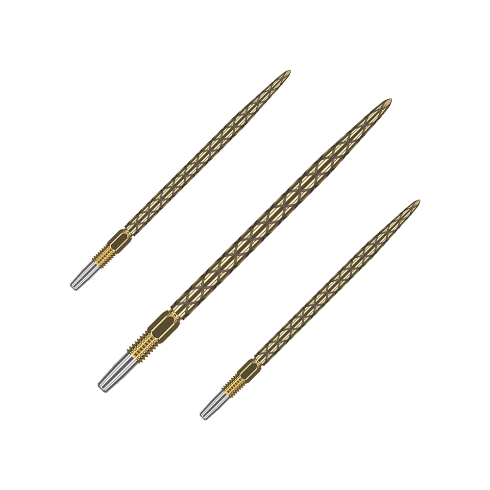 Puntas de dardos Target Swiss Diamond Pro Gold Das Bild zeigt drei goldfarbene Dartspitzen mit einem diamantähnlichen Muster. Die Spitzen sind schlank und haben eine silberne Befestigung am unteren Ende.
