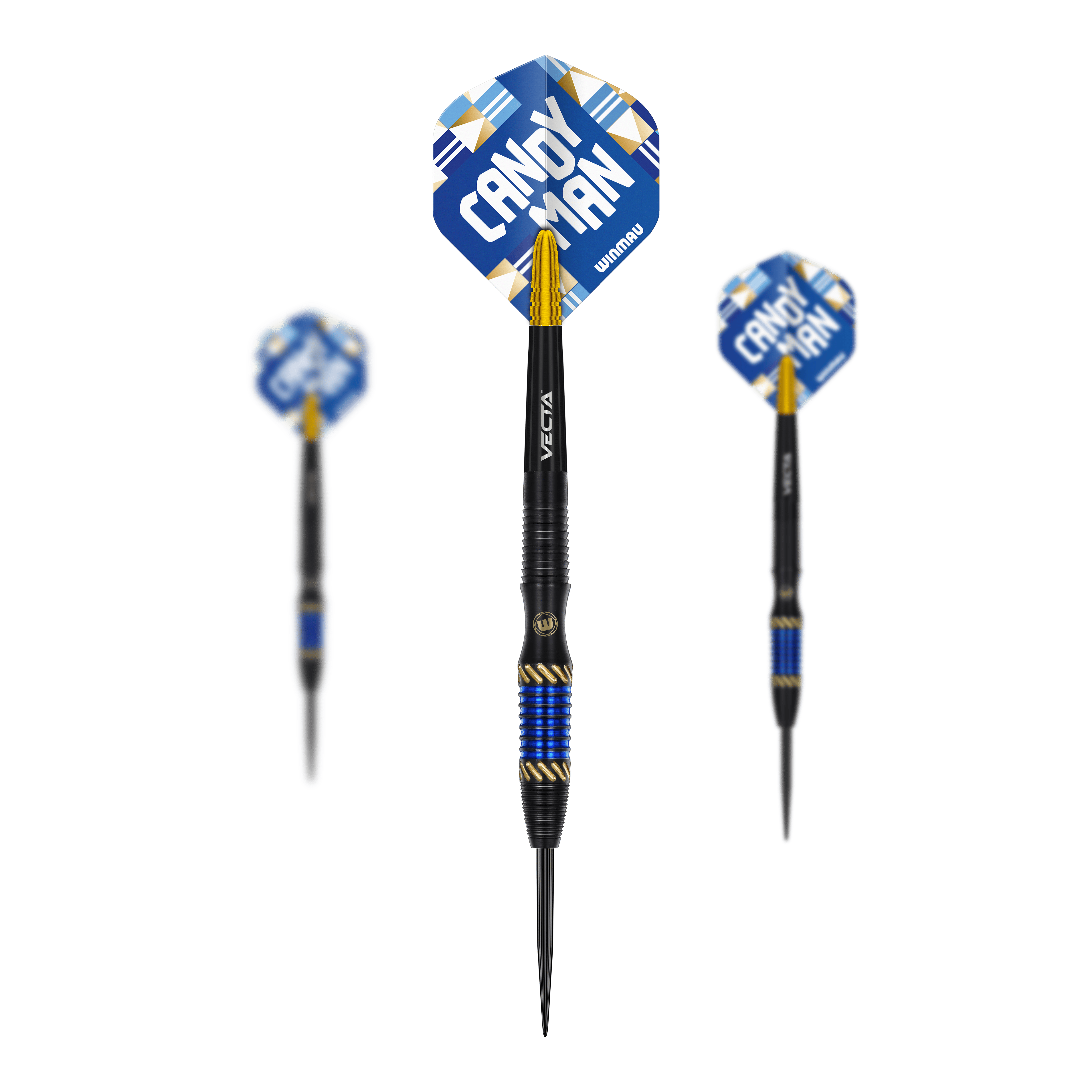 Dardos de acero Winmau Rashad Sweeting - 24 g Das Bild zeigt drei Steeldarts des Modells "Winmau Rashad Sweeting - 24g". Die Flights sind blau mit der Aufschrift "CANDY MAN" und die Darts haben gold-blaue Akzente.