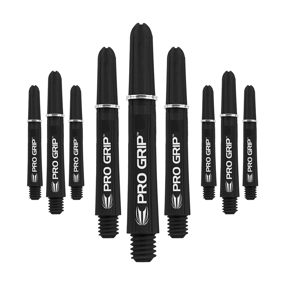 Varillas Target Pro Grip - 3 juegos - Color negro Das Bild zeigt neun schwarze Pro Grip Shafts für Dartpfeile in drei unterschiedlichen Längen. Die Shafts sind mit dem weißen Schriftzug "PRO GRIP" und einem Blatt-Symbol bedruckt.