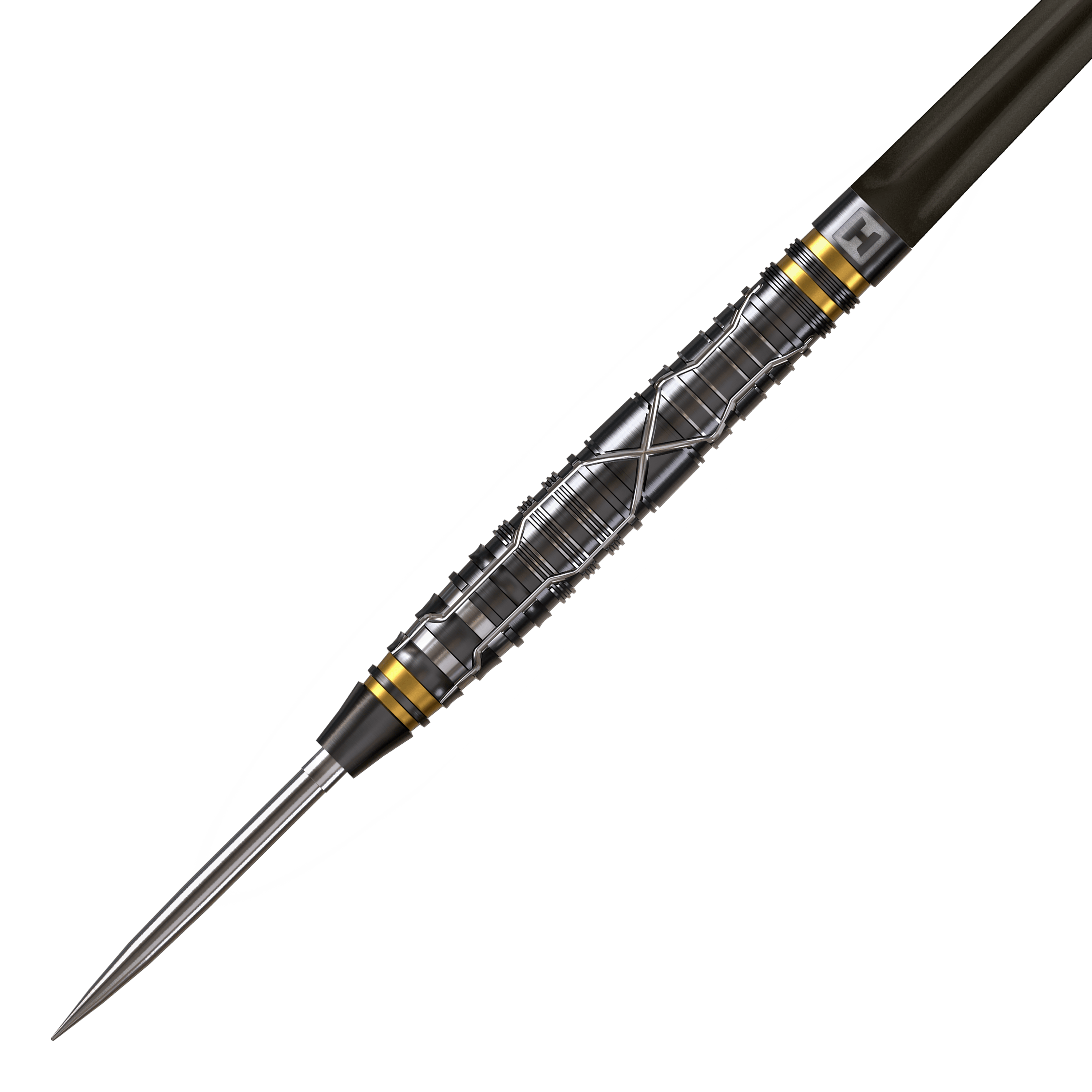 Harrows NX Luxe Tapered Quick Point Steeldarts Ein Steeldart ist im Profil gezeigt. Die Spitze und der Schaft sind gut sichtbar.