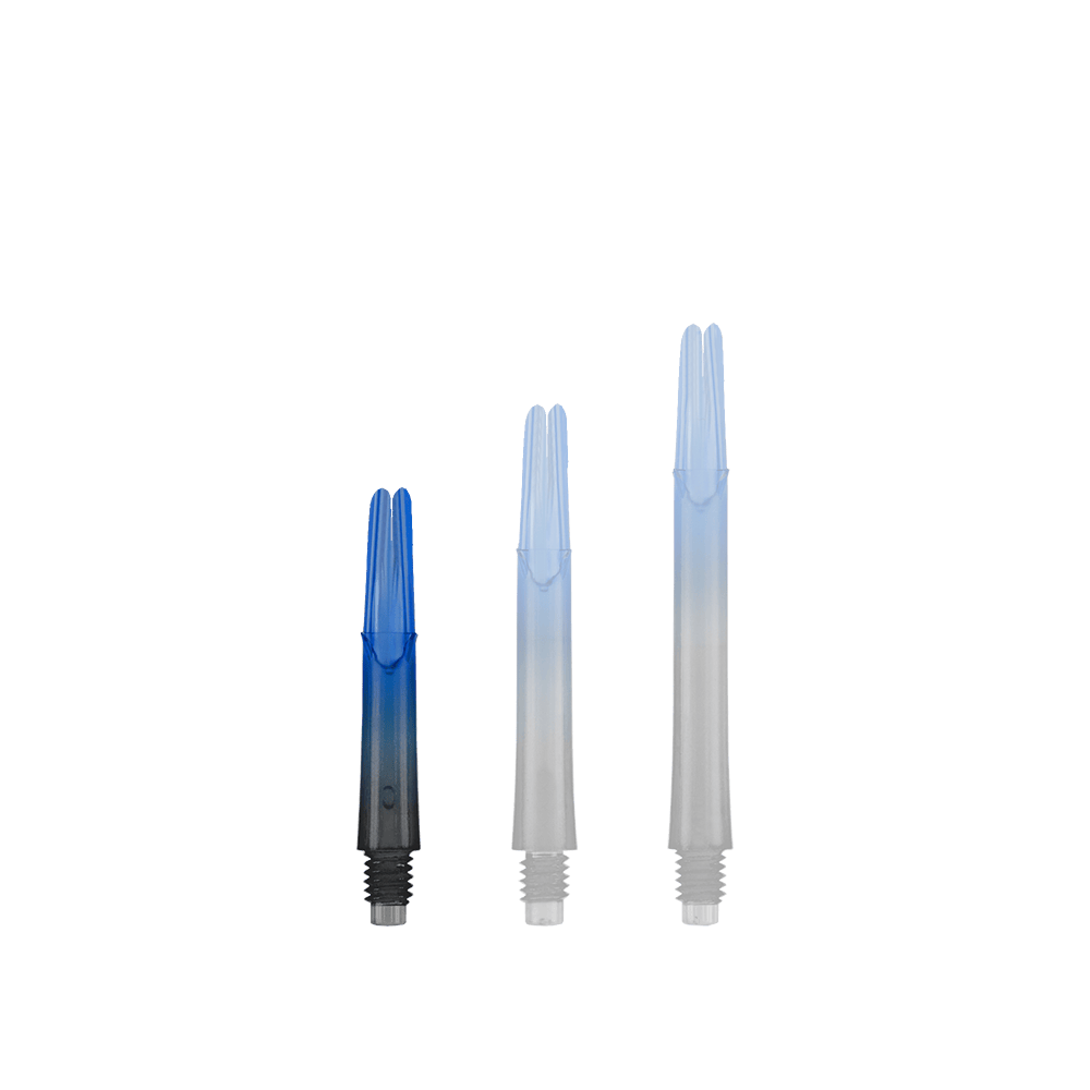 Varilla L-L-Style-Shaft Locked Straight Natural9 de dos tonos - Azul Das Bild zeigt drei unterschiedlich lange Dartschäfte in Blau und Schwarz. Sie stehen nebeneinander und haben ein gerades Design ohne Kappen.