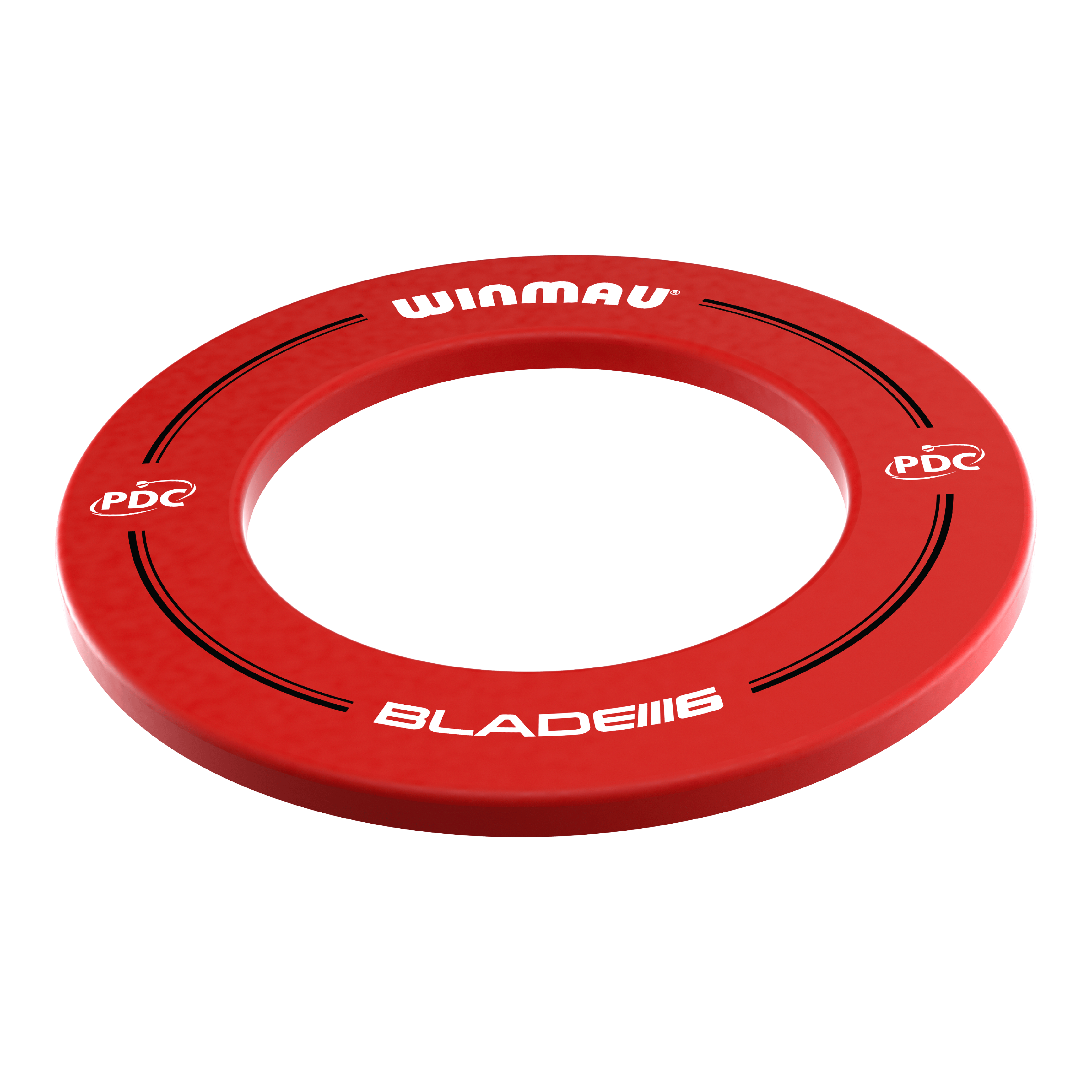 Das Bild zeigt einen roten Dartboard-Surround der Marke Winmau. Auf dem Surround stehen die Aufschriften „WINMAU“, „PDC“ und „BLADE 6“.
