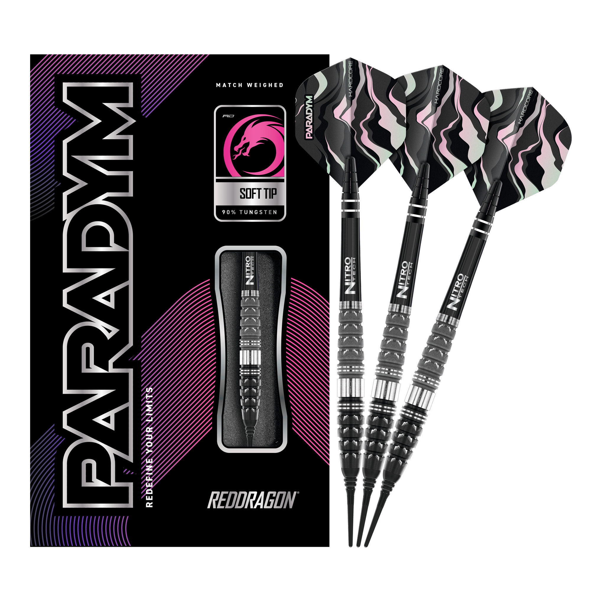 Dardos blandos Red Dragon Paradym Torpedo - 20 g Auf dem Bild sind die Red Dragon Paradym Torpedo Softdarts mit 20 Gramm Gewicht zu sehen. Die Verpackung und drei Darts mit schwarz-silbernen Spitzen und auffälligen Flights sind abgebildet.