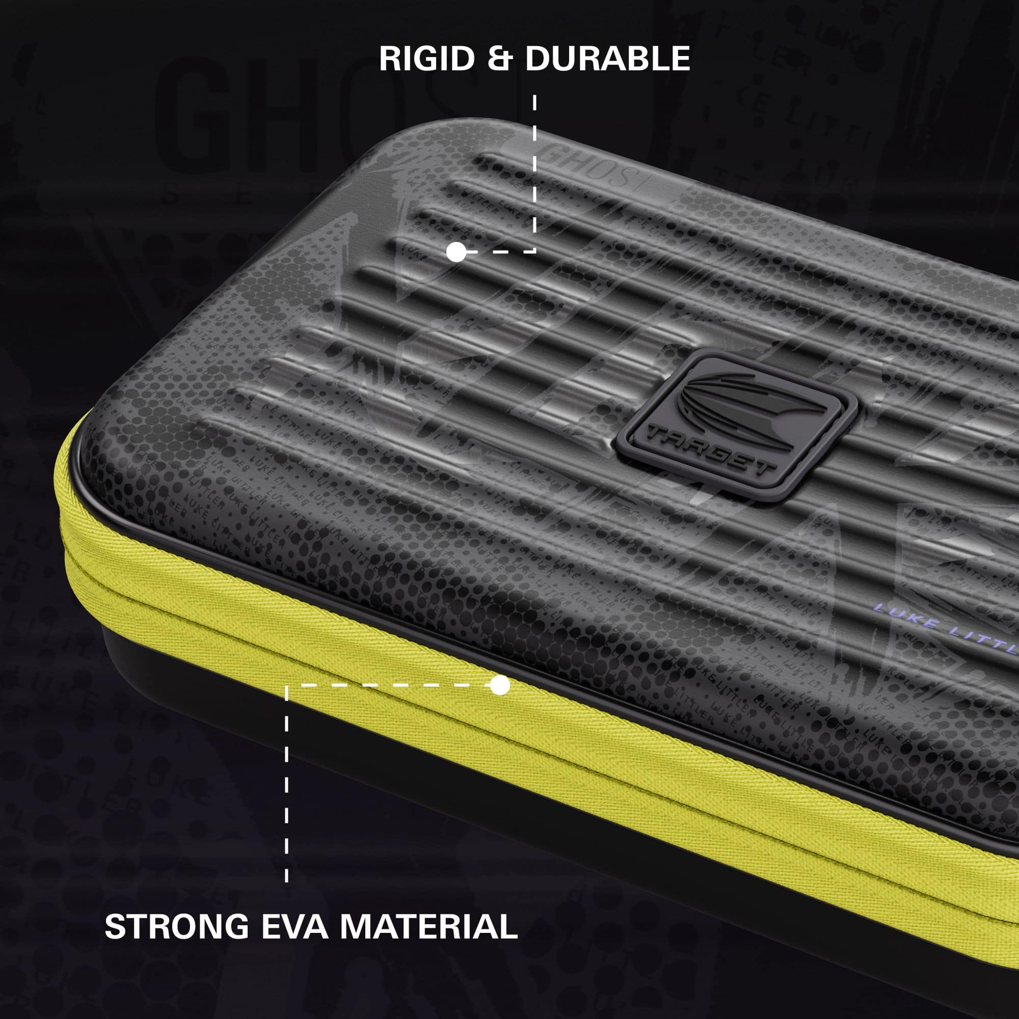 Estuche para dardos Takoma XL Ghost Series Luke Littler Das Bild zeigt das Takoma XL Ghost Series Luke Littler Dartcase. Es handelt sich um ein Etui zum sicheren Transport von Darts.