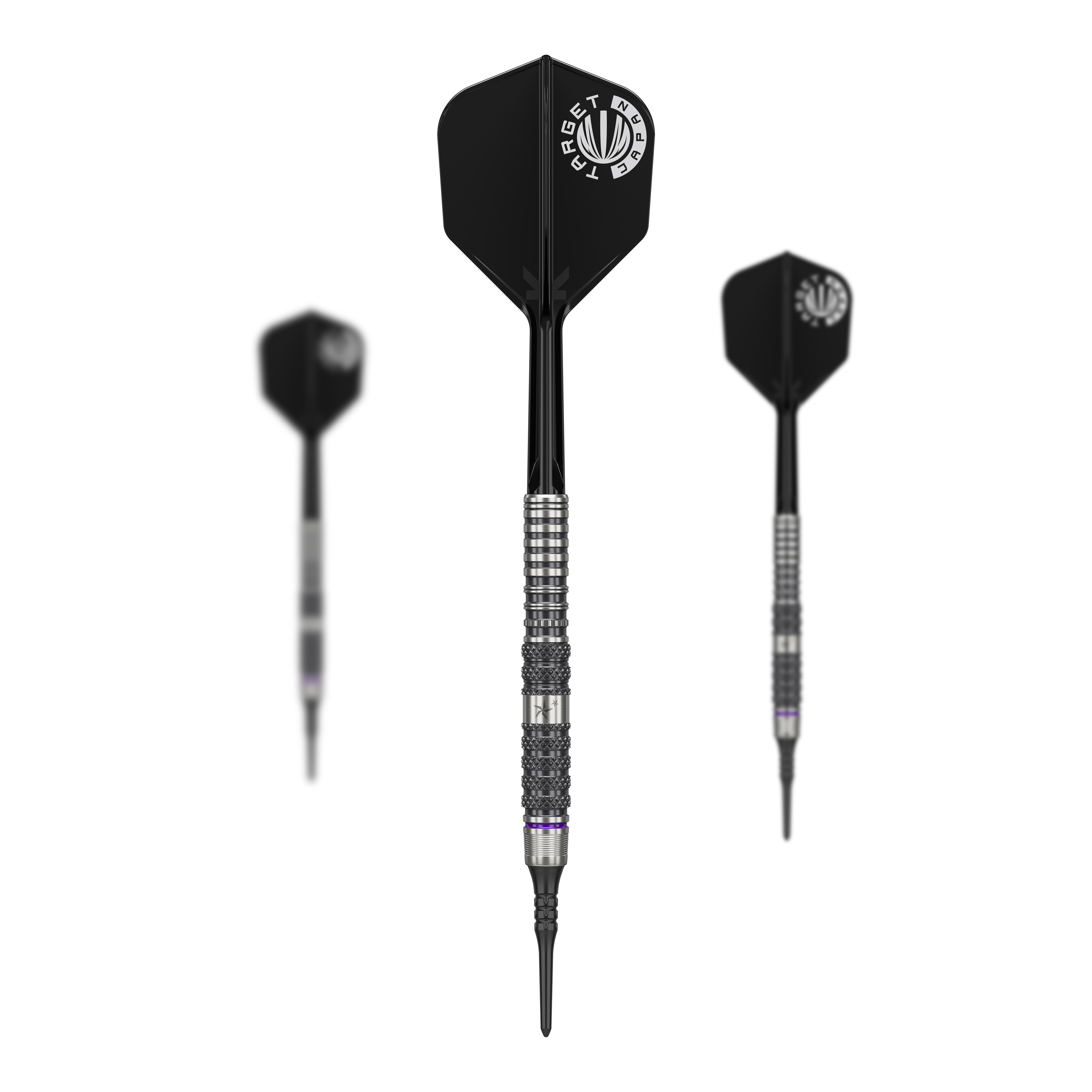 Dardos blandos Target Japan Yuta Hayashi Sirius GEN3 - 19 g Das Bild zeigt drei Softdarts des Modells "Target Japan Yuta Hayashi Sirius GEN3 - 19g". Die Darts haben schwarze Flights und silberne, geriffelte Barrels.