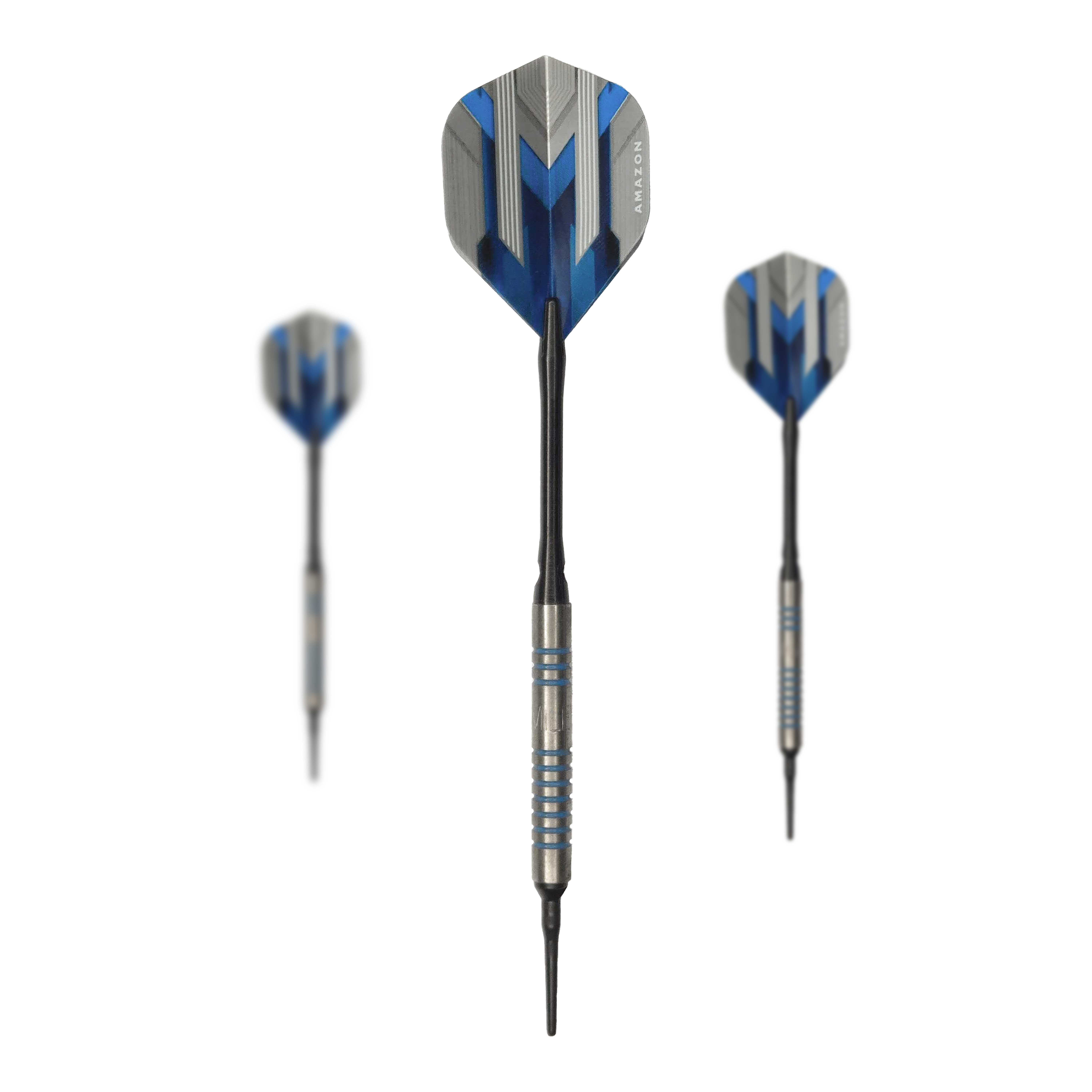 Dardos blandos McDart 85 Tungsten V1 - 17 g Das Bild zeigt drei Softdarts des Modells „McDart 85er Tungsten V1 Softdarts - 17g“. Die Darts haben blaue und silberne Akzente sowie schwarze Spitzen und Flügel.