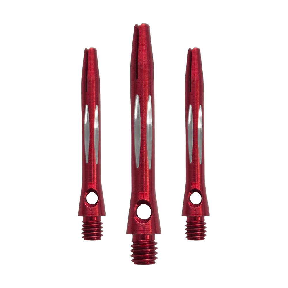 Hier sieht man den Diamond Cut Aluminium Shafts - Rot - 35mm als Set. Es sind mehrere rote Aluminium-Dartschäfte mit Diamantschliff im Set enthalten.