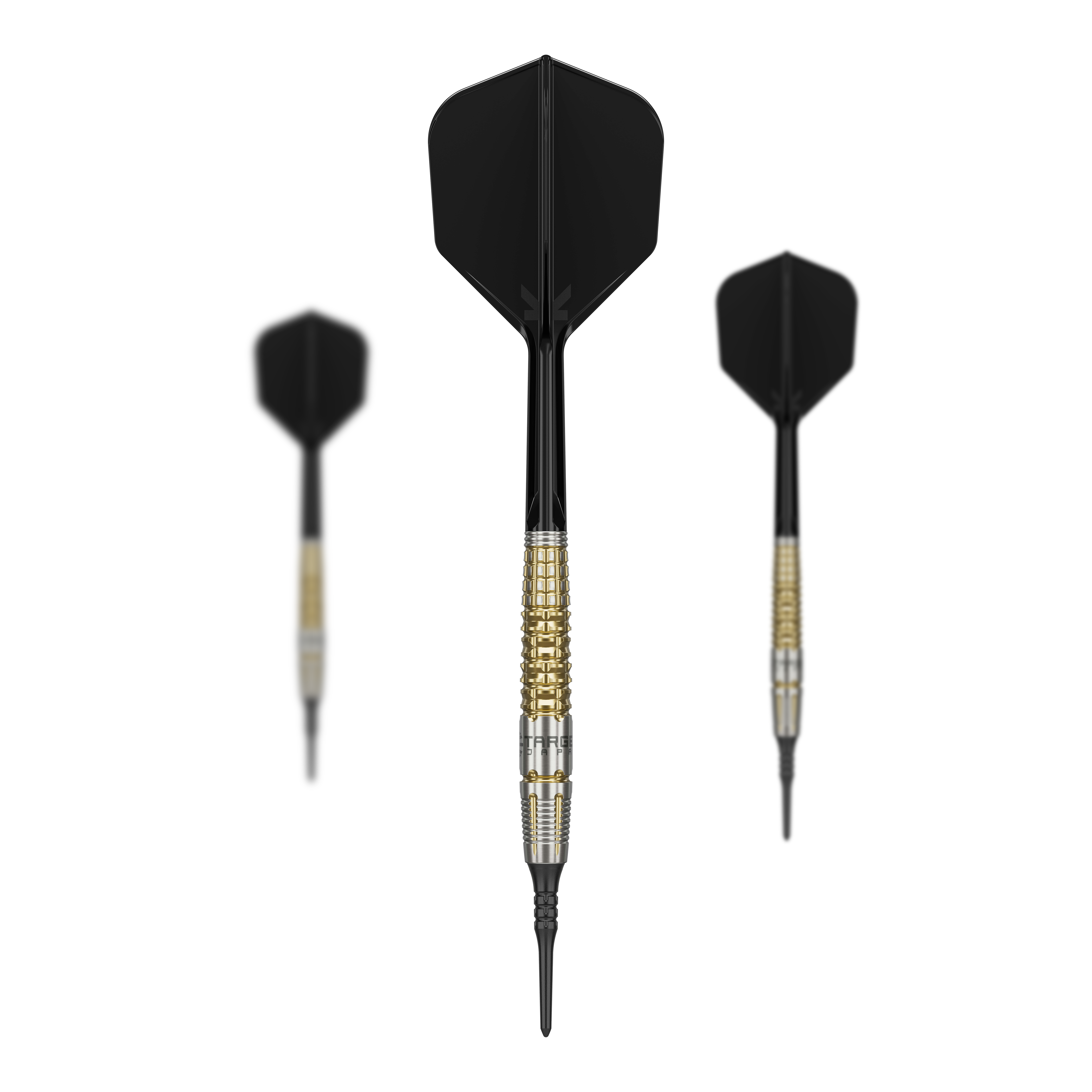 Das Bild zeigt drei Softdarts des Produkts "Target Japan Black Marque Warrior" mit einem Gewicht von 18,5 g. Die Darts haben schwarze Flights und gold-silberne Barrels.