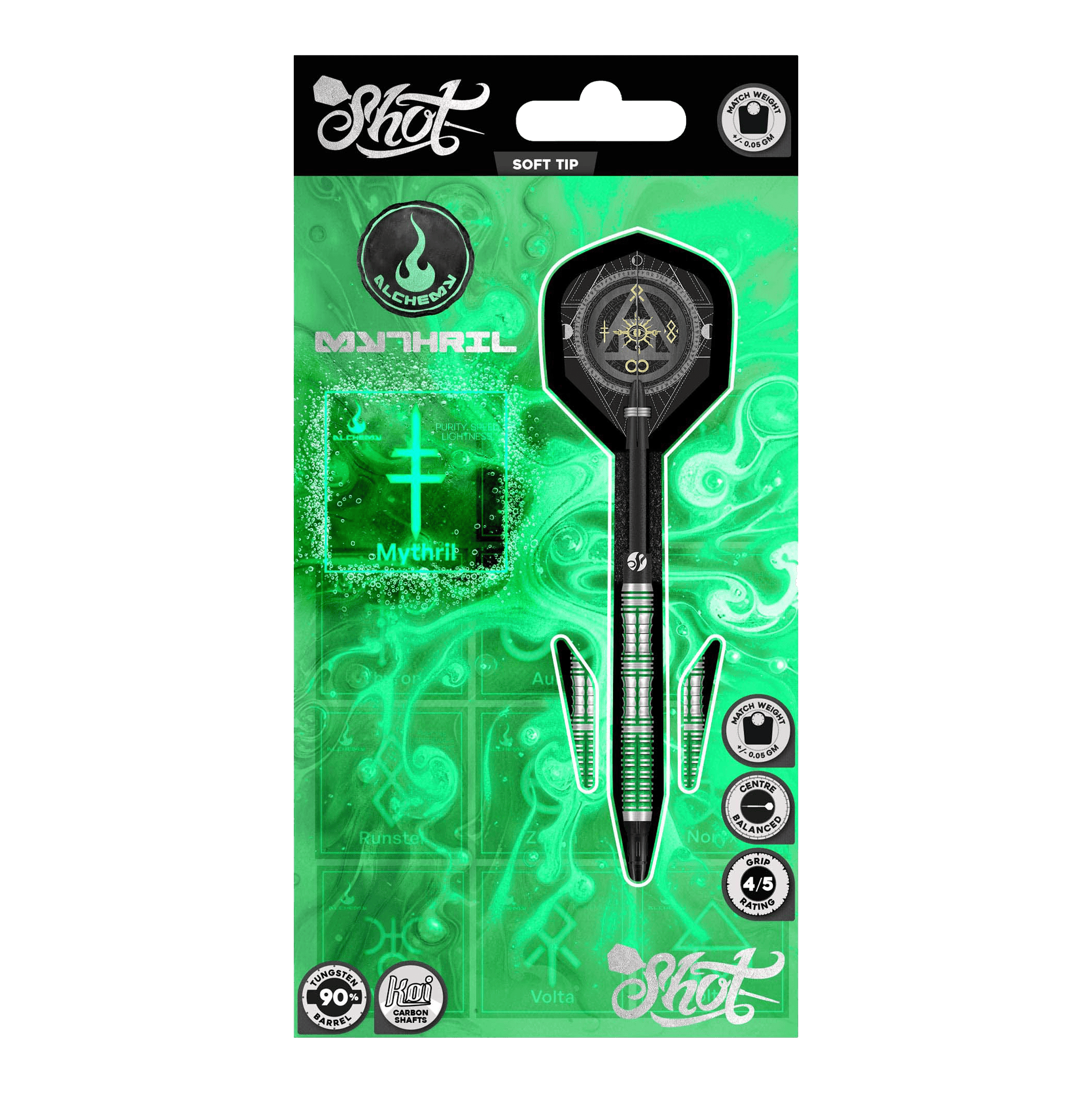 Dardos blandos Shot Alchemy Mythril - 20 g Das Bild zeigt die Shot Alchemy Mythril Softdarts mit einem Gewicht von 20g. Hier sieht man das Produkt aus einer bestimmten Perspektive.