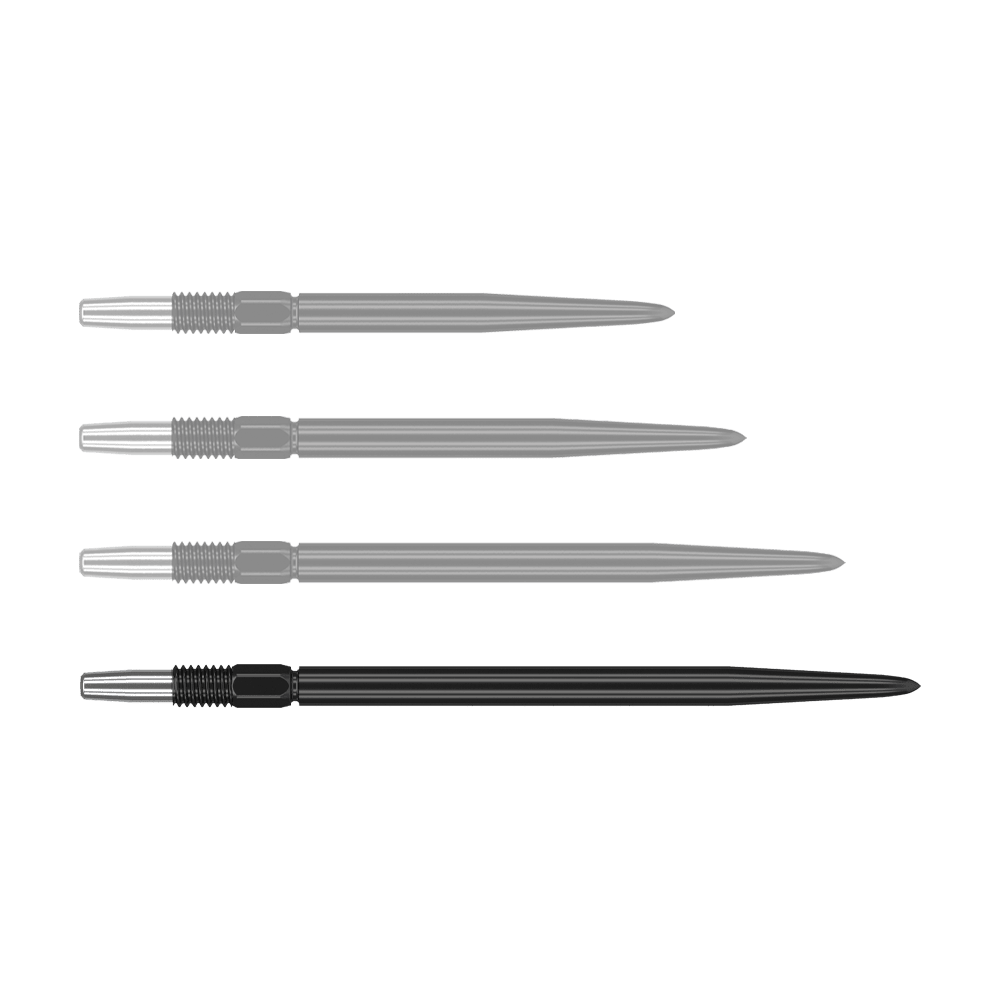 Puntas de dardos Target Swiss Point Black Das Bild zeigt vier schwarze Dartspitzen mit silbernem Gewinde. Sie sind nebeneinander ausgerichtet und identisch in Form und Größe.