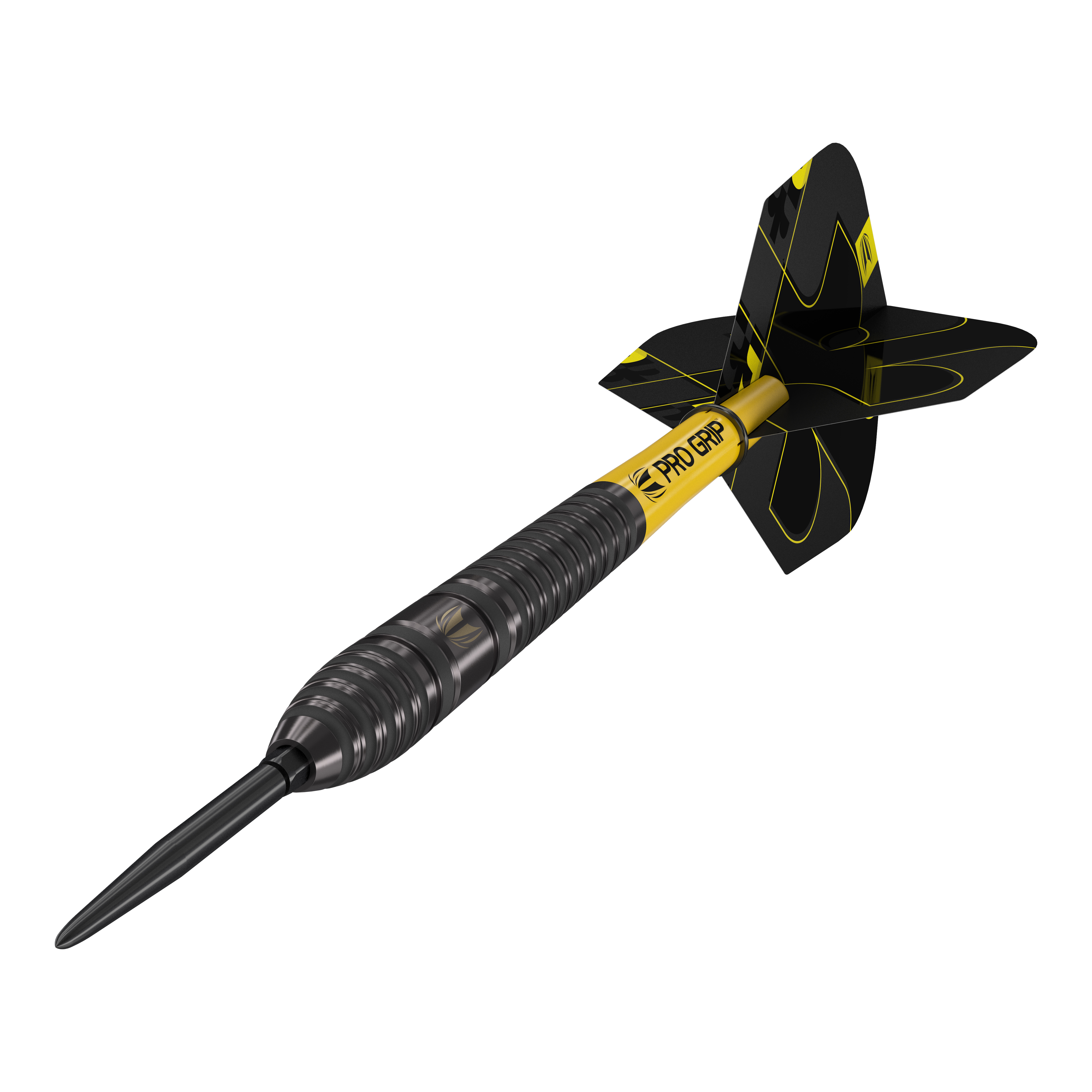 Dardos de acero Target Bolide Void 03 Swiss Point Das Bild zeigt einen Target Bolide Void 03 Swiss Point Steeldart. Der Dart ist schwarz mit gelben Akzenten und hat den Schriftzug "Pro Grip" auf dem Schaft.