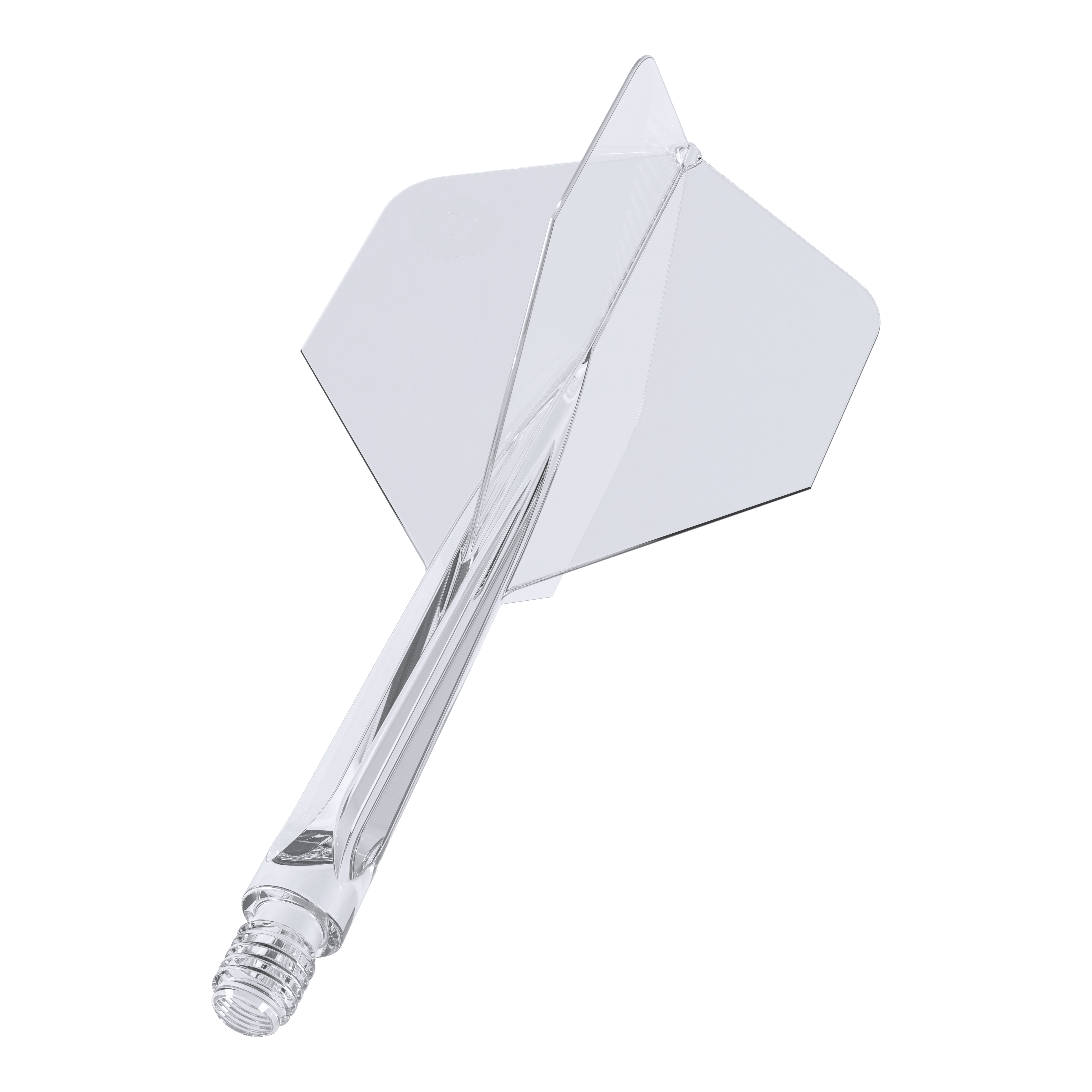 Plumas estándar Unicorn Forge All In One Plus No2, transparentes, medianas Das Bild zeigt einen klaren, mittelgroßen Dartaufsatz des Modells "Unicorn Forge All In One Plus No2 Standard Flights". Die Flight- und Schaftteile sind transparent und bilden ein einteiliges Design.