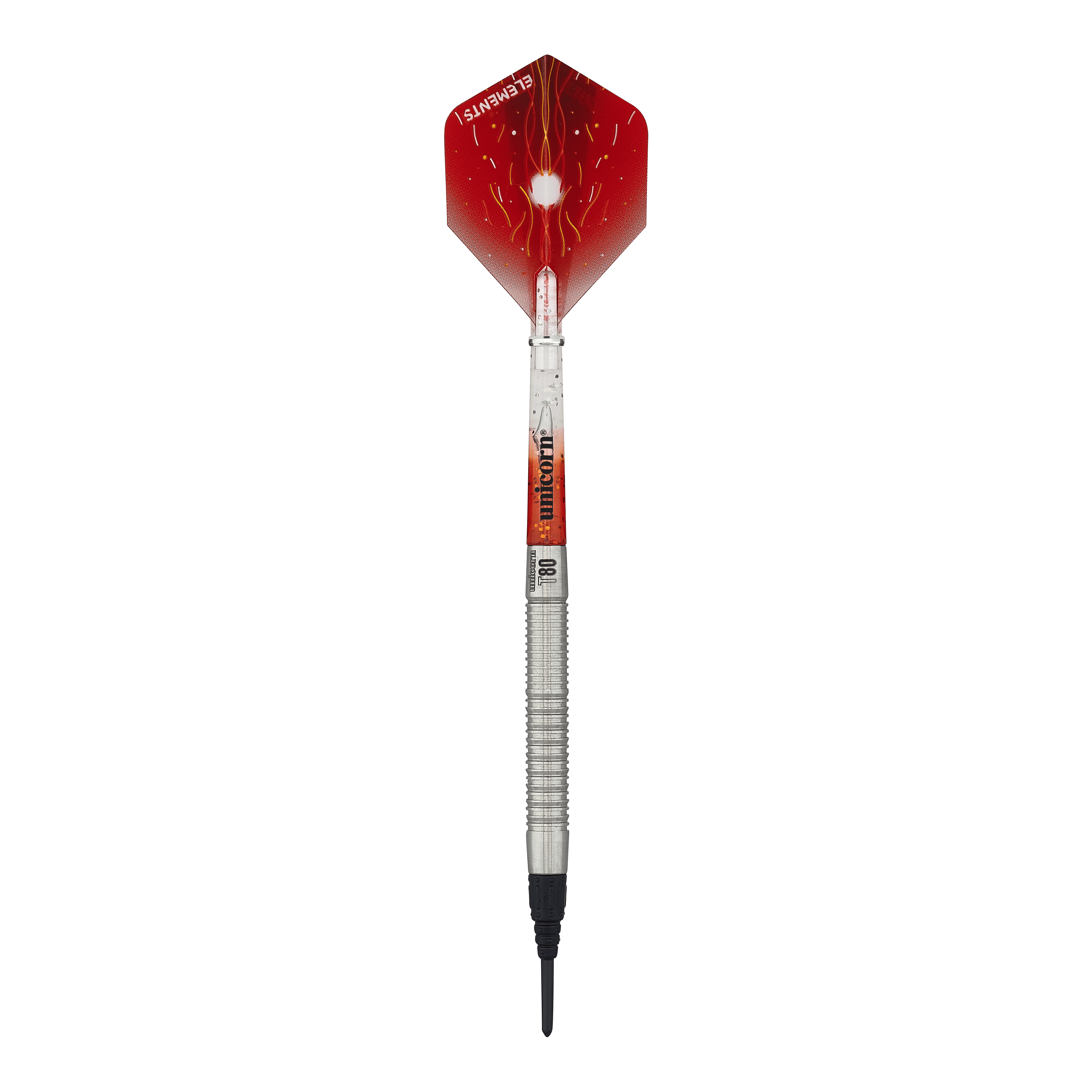 Auf dem Bild ist ein Softdart der Marke Unicorn Core XL Striker Style 1 mit einem Gewicht von 19g zu sehen. Die Flights sind rot mit einem weißen Muster, und der Schaft ist silbern.