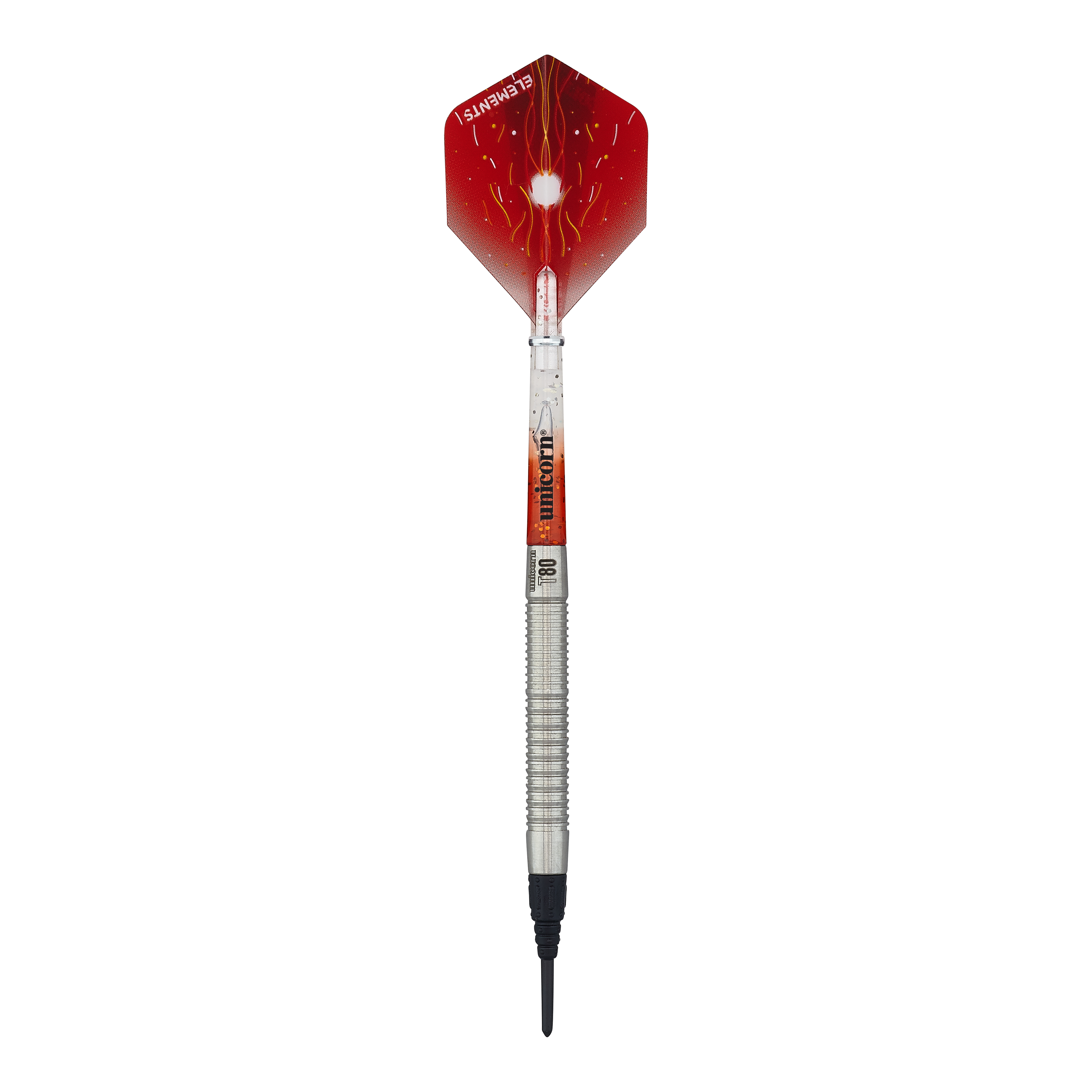 Dardos blandos Unicorn Core XL Striker Style 1 - 19 g Auf dem Bild ist ein Softdart der Marke Unicorn Core XL Striker Style 1 mit einem Gewicht von 19g zu sehen. Die Flights sind rot mit einem weißen Muster, und der Schaft ist silbern.