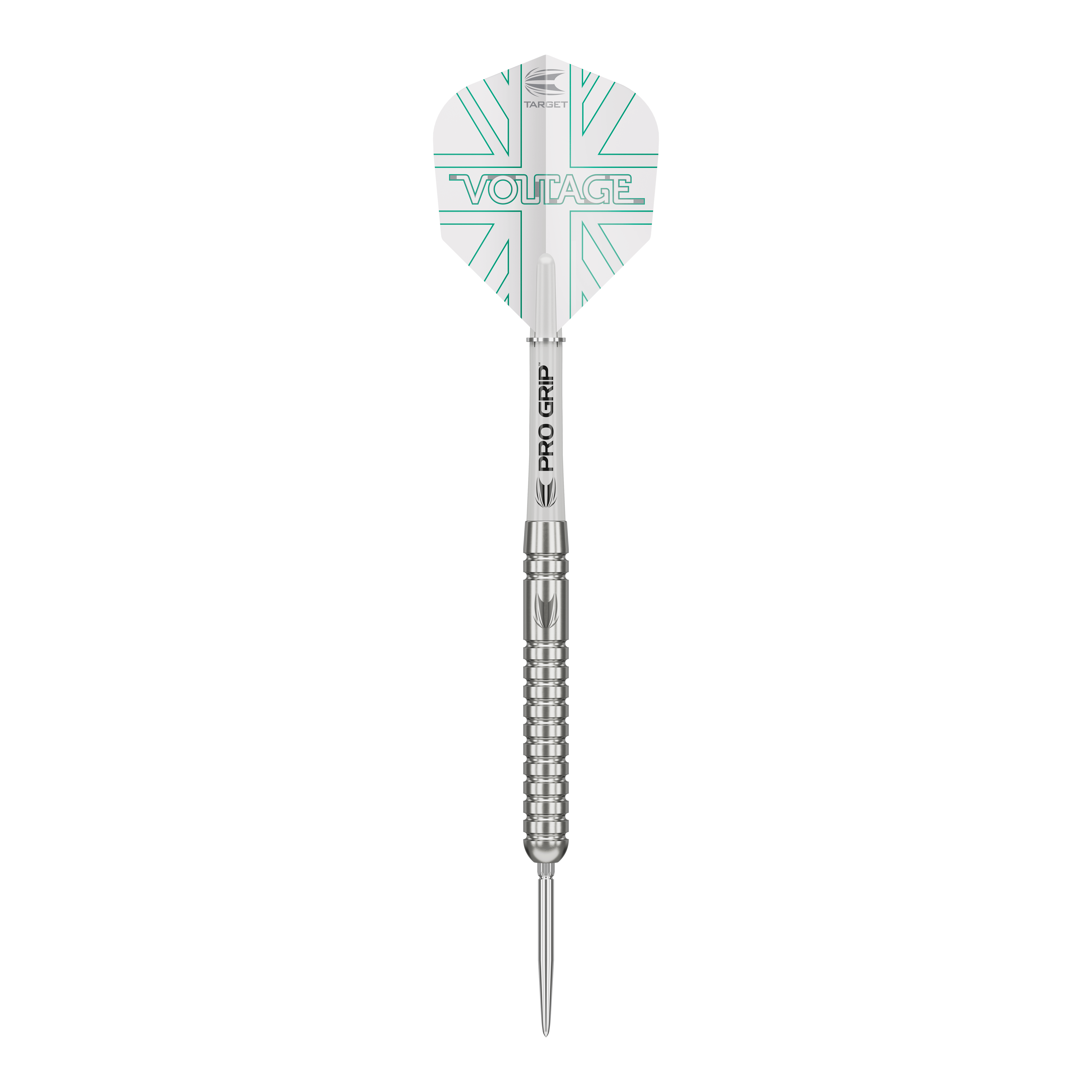 Das Bild zeigt einen Target Rob Cross Voltage Swiss Point Steeldart. Der Dart hat ein silbernes Design mit dem Schriftzug „VOLTAGE“ auf den Flights.