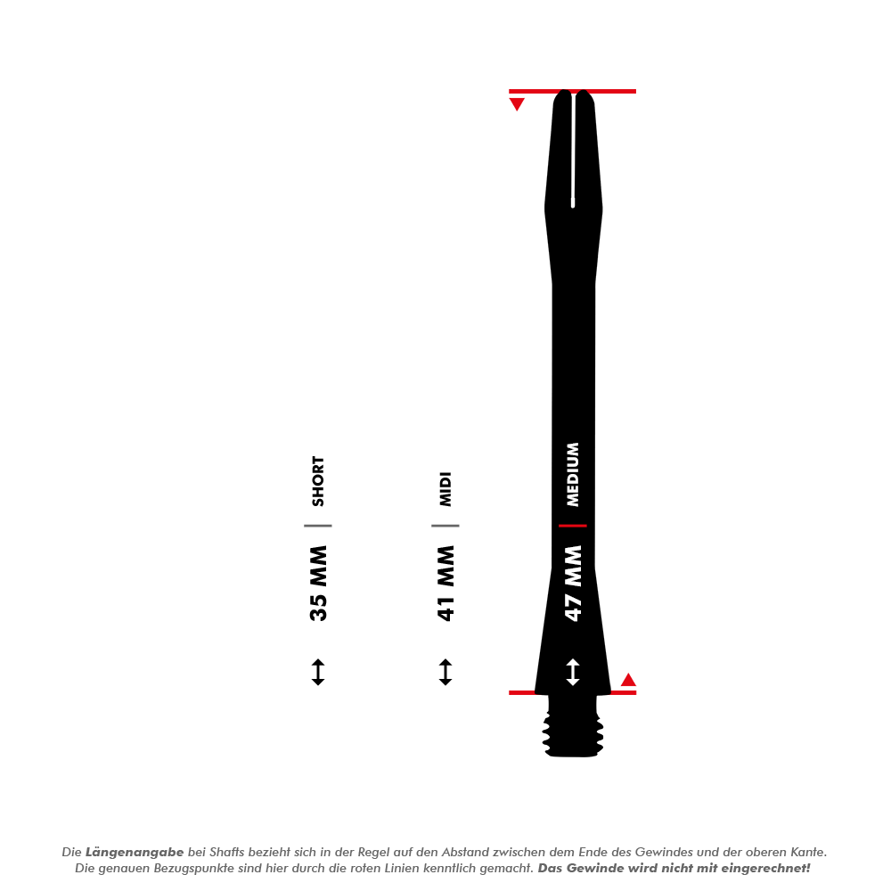 HR366_Harrows_Keramic_Shafts_5_47mm Das Bild zeigt drei verschiedene Längen der Harrows Keramic Shafts - Gun Metal: Short (35 mm), Midi (41 mm) und Medium (47 mm). Die Längen werden durch Pfeile und rote Markierungen verdeutlicht, wobei das Gewinde nicht mit eingerechnet ist.