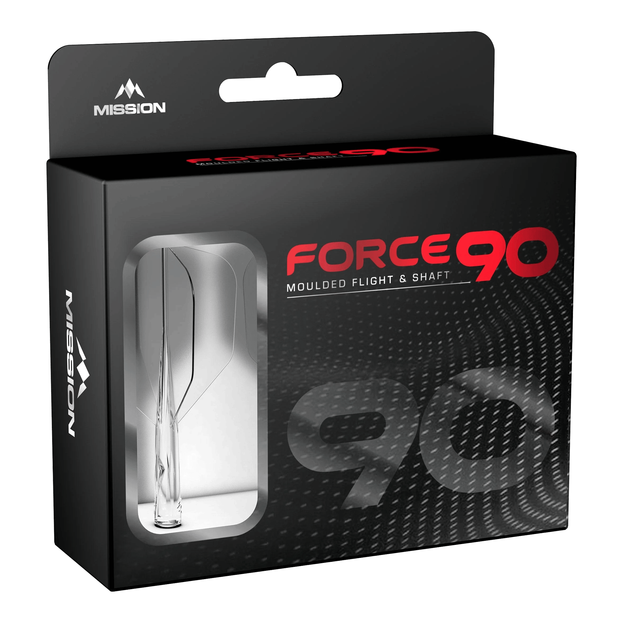 Sistema de eje de vuelo Mission Force 90 No6 - Transparente Die Abbildung zeigt die Verpackung des Produkts „Mission Force 90 No6 Flight-Shaft-System - Clear“. In der schwarzen Box mit Sichtfenster ist das transparente Flight-Shaft-System zu erkennen.