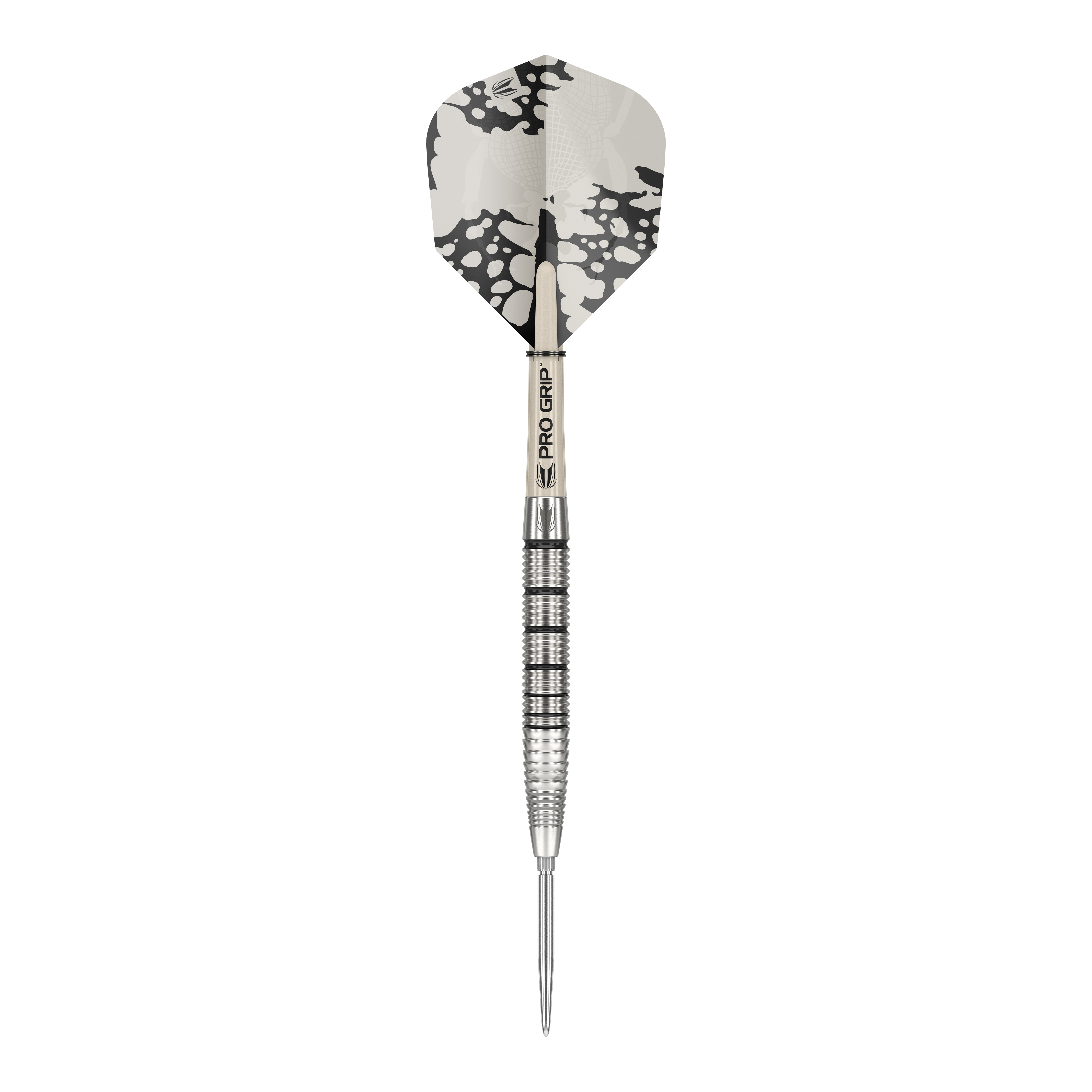 Dardos de acero Target EXO SP02 Swiss Point Das Bild zeigt einen Target EXO SP02 Swiss Point Steeldart. Der Dartpfeil hat ein silbernes Griffstück mit schwarzen Rillen und eine schwarz-weiße Flight.