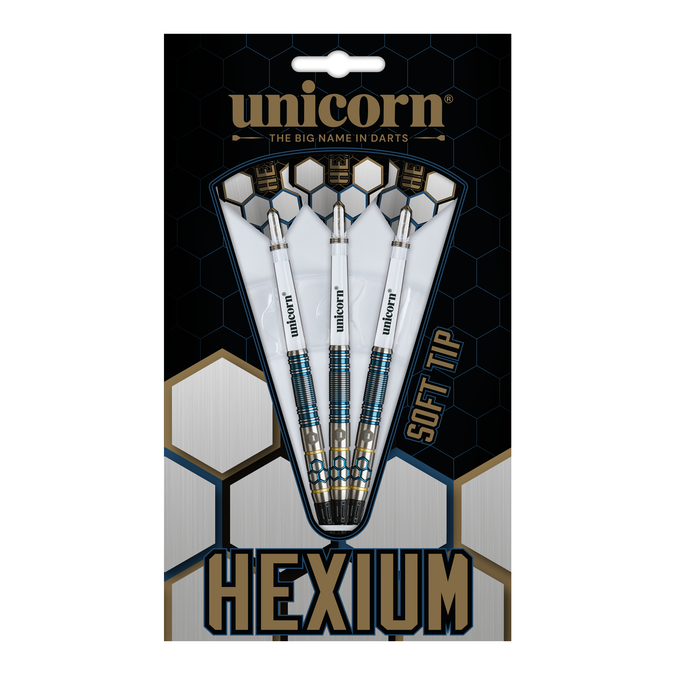 Dardos blandos Unicorn Hexium Style 02 azules y dorados - 21 g Unicorn Hexium Style 02 Blue & Gold Softdarts - 21g besticht durch sein modernes Design. Die stilvollen Softdarts sind ideal für Dartbegeisterte.