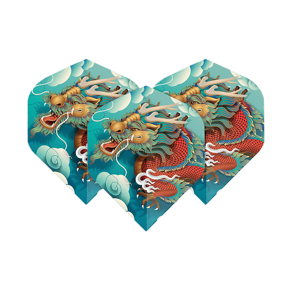 Vuelos de pentatlón Dragón Das Bild zeigt drei Dart-Flights mit einem bunten Drachenmotiv vor einem blauen Himmel mit Wolken. Es handelt sich um das Produkt "Pentathlon Dragon 5 Standard Flights".