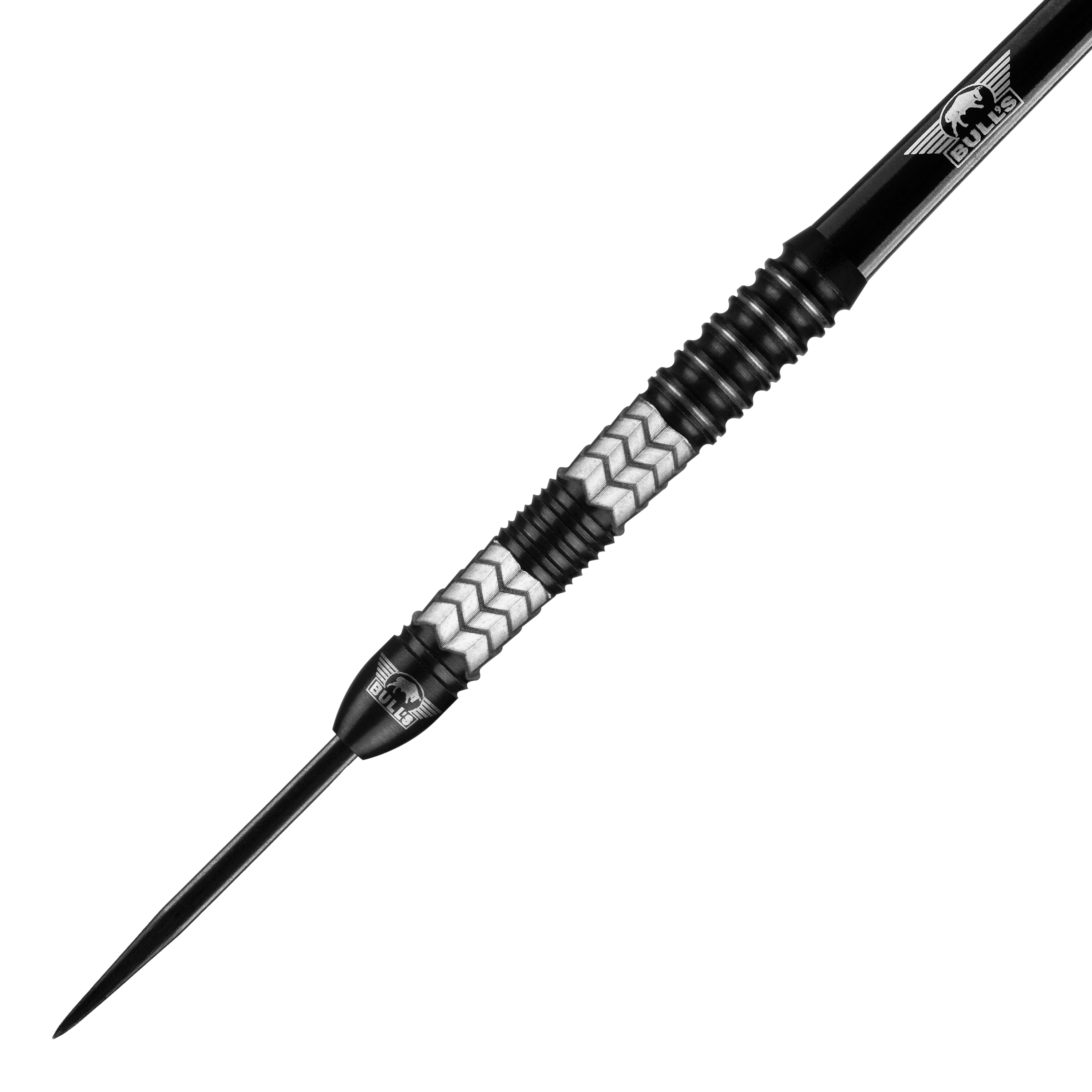 Dardos de acero Bulls NL Luna Triton Das Bild zeigt einen Bulls NL Luna Triton Steeldart. Der Dart hat ein silbernes und schwarzes Design mit einem gezackten Muster am Griff.