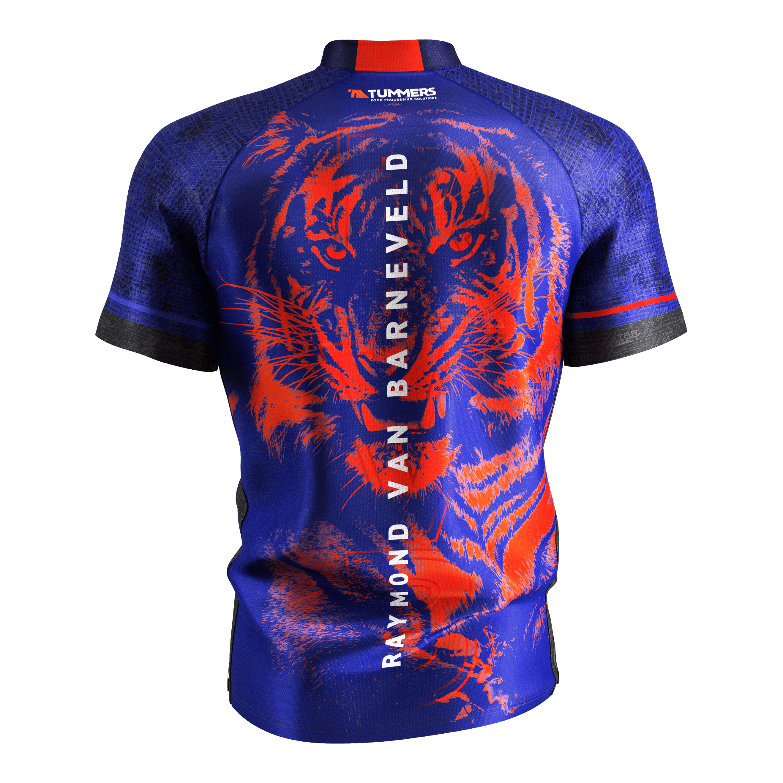 Camiseta dardos Target Coolplay Raymond Van Barneveld 2025 Das Bild zeigt das Target Coolplay Raymond Van Barneveld 2025 Dartshirt von hinten. Auf dem blauen Shirt ist ein auffälliger roter Tiger sowie der Name "Raymond Van Barneveld" vertikal zu sehen.