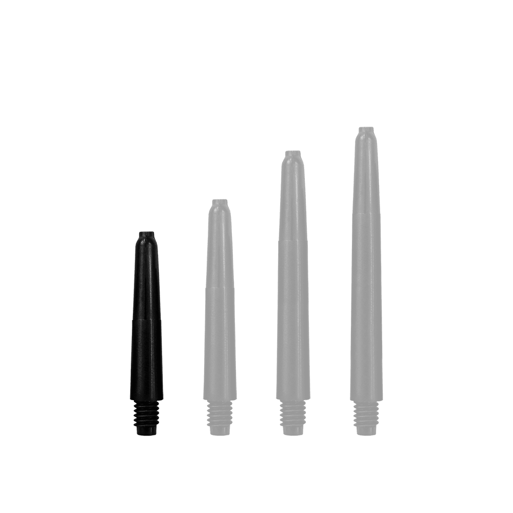565_Nylon_Shafts_mit_Wunschdruck_Schwarz_28mm_1KsgK9sFJEVpDj Das Bild zeigt vier schwarze Nylon-Schäfte in unterschiedlichen Längen. Sie sind nebeneinander aufgereiht und haben ein Gewinde am unteren Ende.