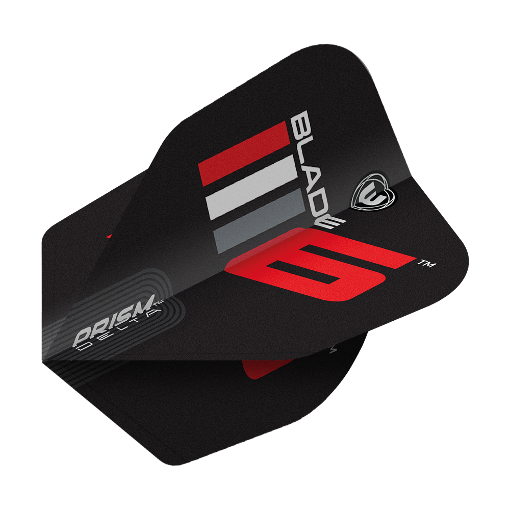 Winmau Prism Delta Blade 6 No6 Vuelos Das Bild zeigt ein schwarzes Dart Flight mit der Aufschrift „Blade 6“ in Rot und Weiß. Es handelt sich um das Produkt „Winmau Prism Delta Blade 6 No6 Flights“.