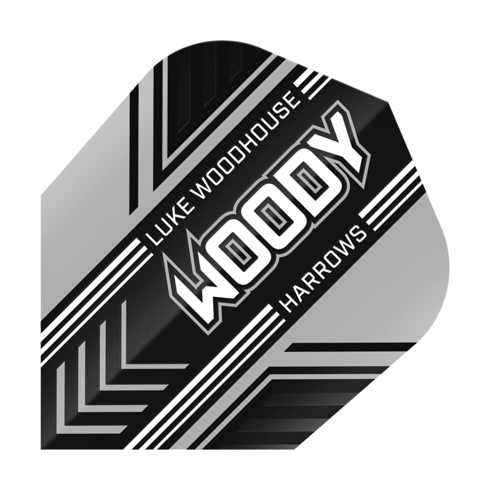 Harrows Prime Luke Woodhouse Woody No6 Vuelos Das Bild zeigt ein Dartflight mit dem Namen "Harrows Prime Luke Woodhouse Woody No6". Das Design ist schwarz, weiß und silber mit dem Schriftzug "WOODY" in der Mitte.