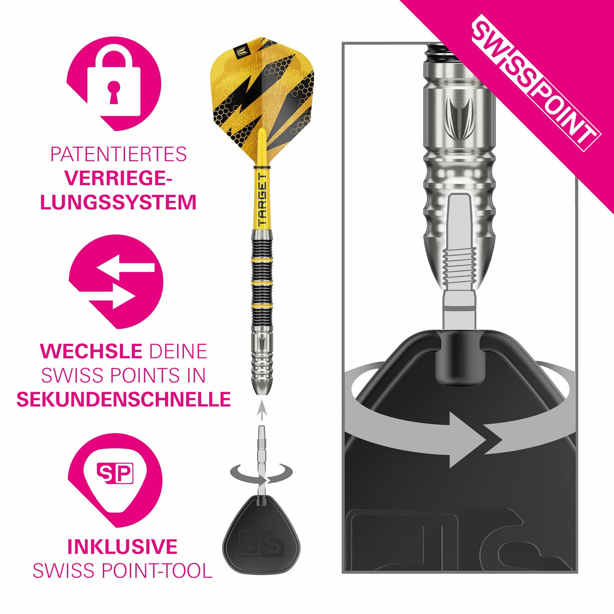 Dardos de acero Target Buzz 02 Swiss Points Auf dem Foto sind die Target Buzz 02 Swiss Points Steeldarts zu sehen. Das Produkt wird frontal präsentiert.