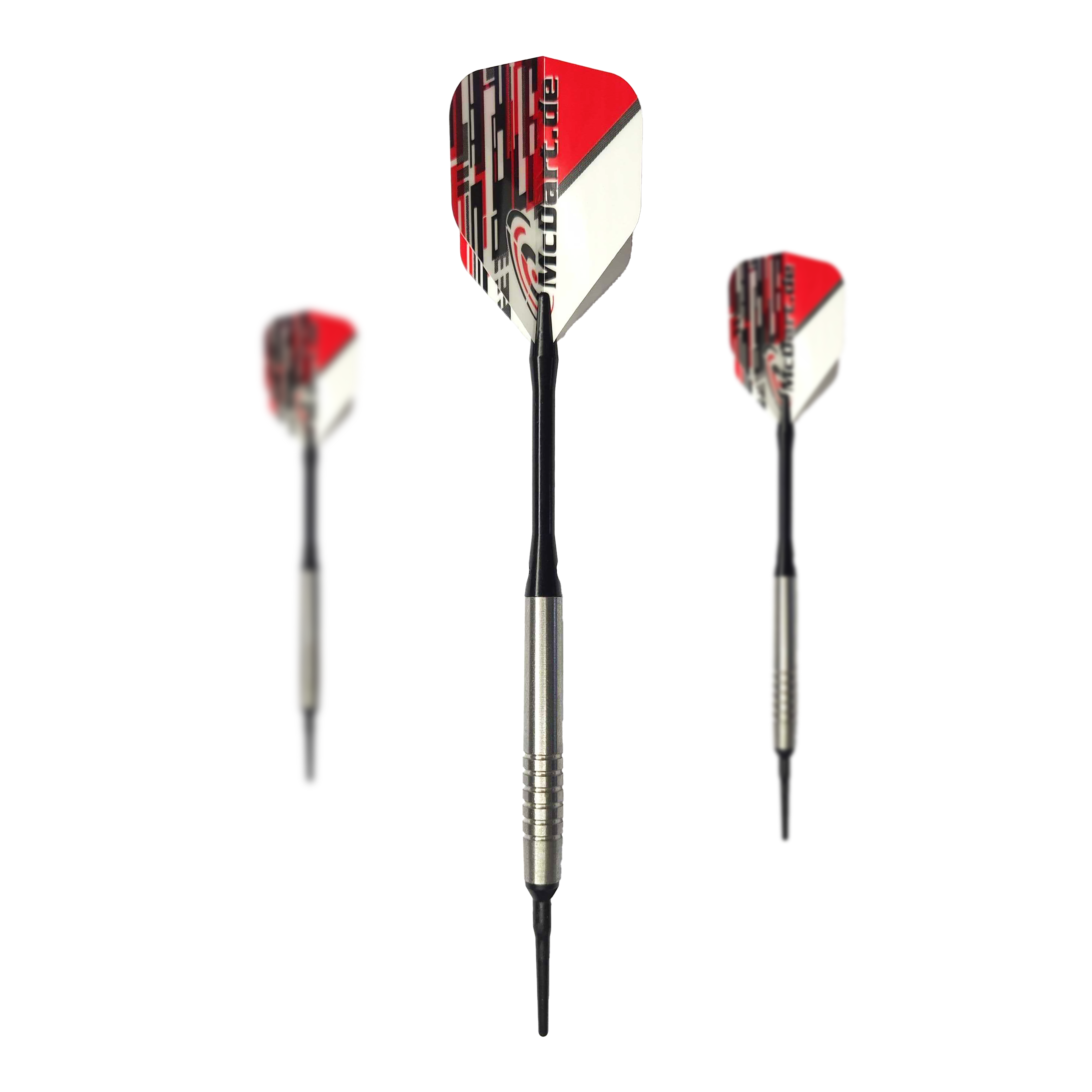 Dardos blandos McDart 85 Tungsten V14 - 17 g Das Bild zeigt drei Softdarts des Modells "McDart 85er Tungsten V14" mit einem Gewicht von 17g. Die Darts haben silberne Barrels und Flights in Rot, Weiß und Schwarz.