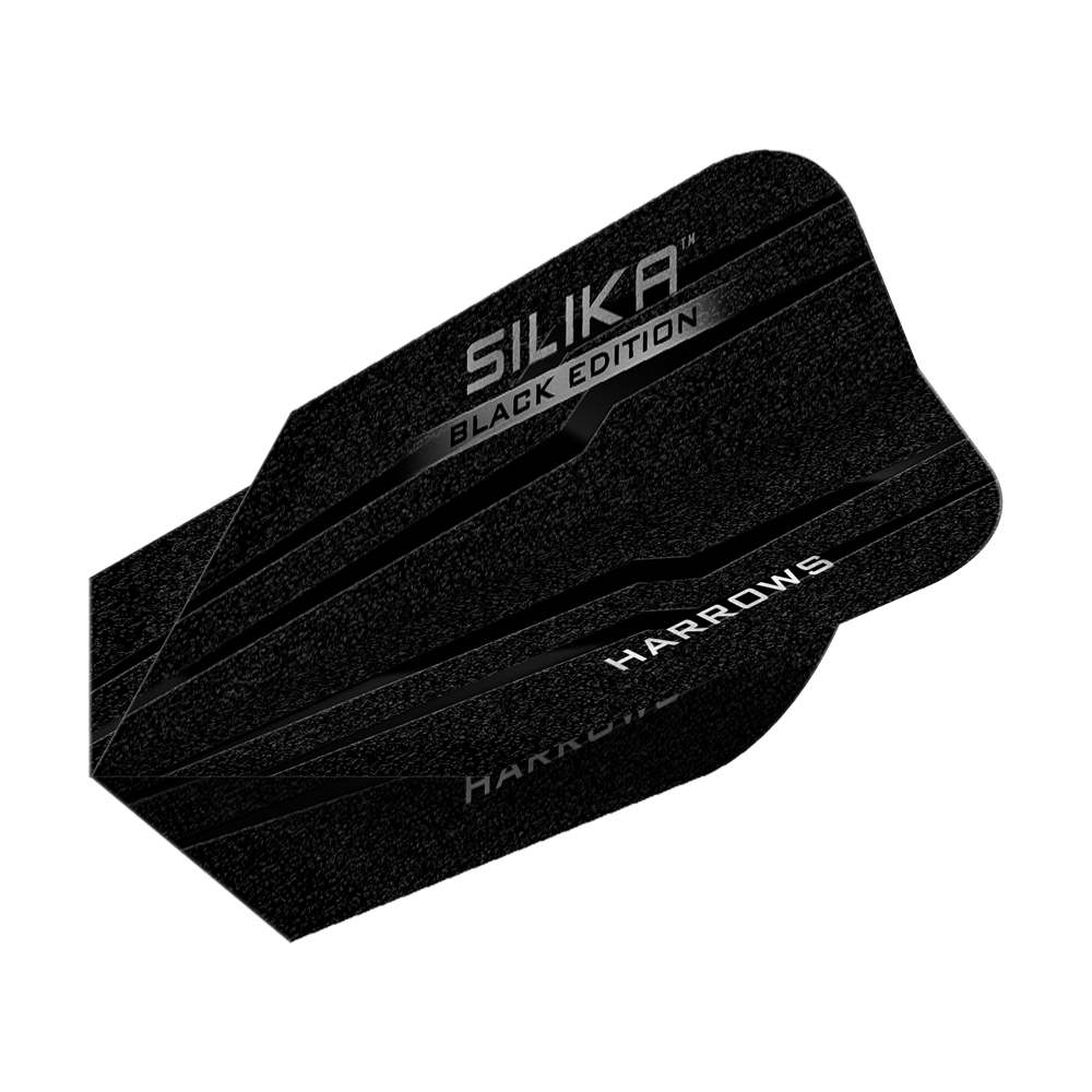 Plumas delgadas Harrows Silika Black Edition Das Bild zeigt die Harrows Silika Black-Edition Slim Flights. Sie sind schlank, schwarz und haben silberne Schriftzüge mit den Wörtern "Silika", "Black Edition" und "Harrows".