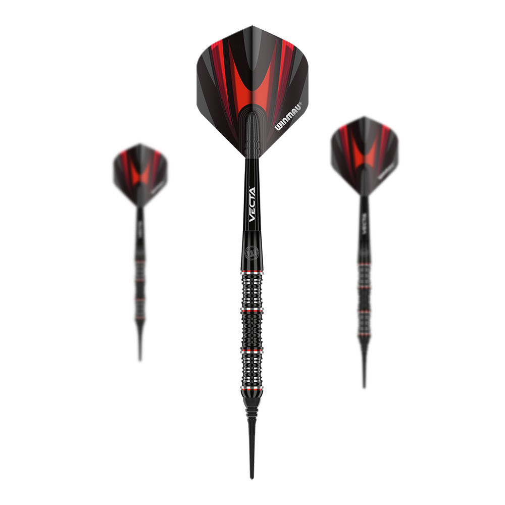dardos blandos Winmau Mervyn King Edición Especial Das Bild zeigt drei Winmau Mervyn King Special Edition Softdarts. Die Darts haben schwarze und rote Flights sowie ein detailliertes, schwarz-silbernes Griffstück.