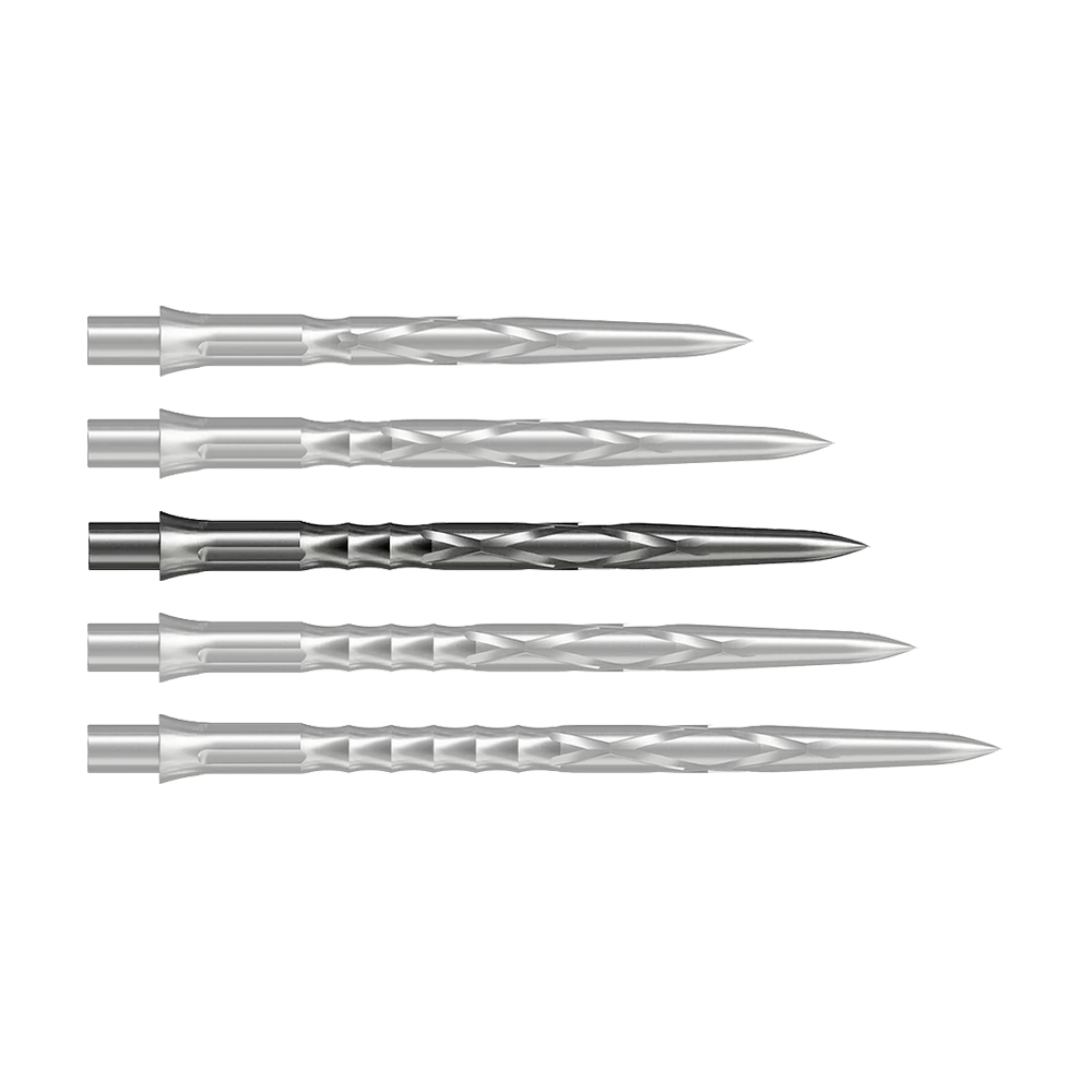 Puntas de dardos de acero Caliburn System - HAN G2 - Plata Auf dem Bild sind drei silberne Steeldartspitzen zu sehen. Sie liegen nebeneinander und haben eine strukturierte Oberfläche.