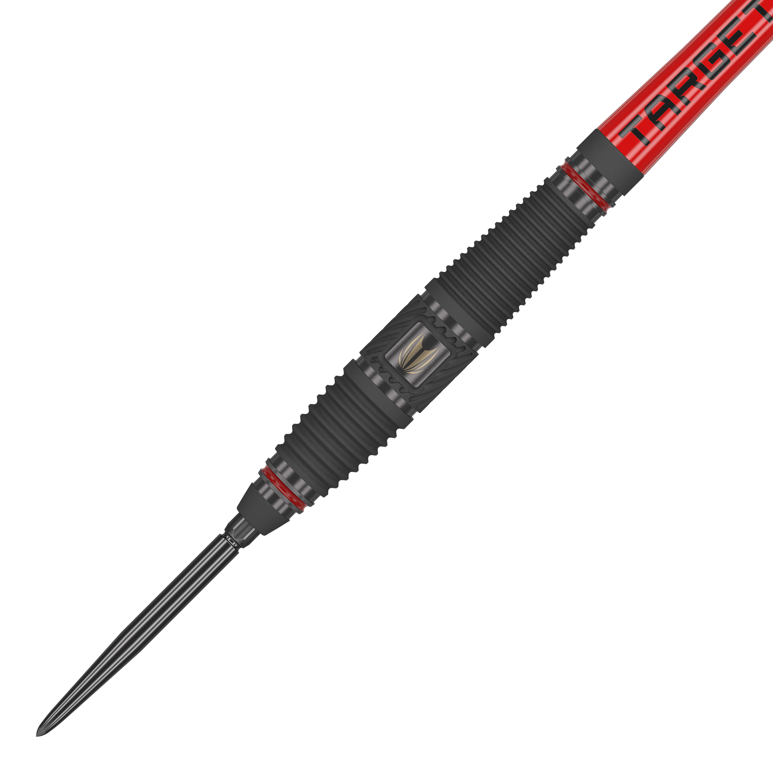 Dardos de acero Target Scope 03 Swiss Point Das Bild zeigt ein Target Scope 03 Swiss Point Steeldart mit schwarzem und rotem Design. Die Oberfläche des Darts ist geriffelt und hat Metallakzente für besseren Halt.