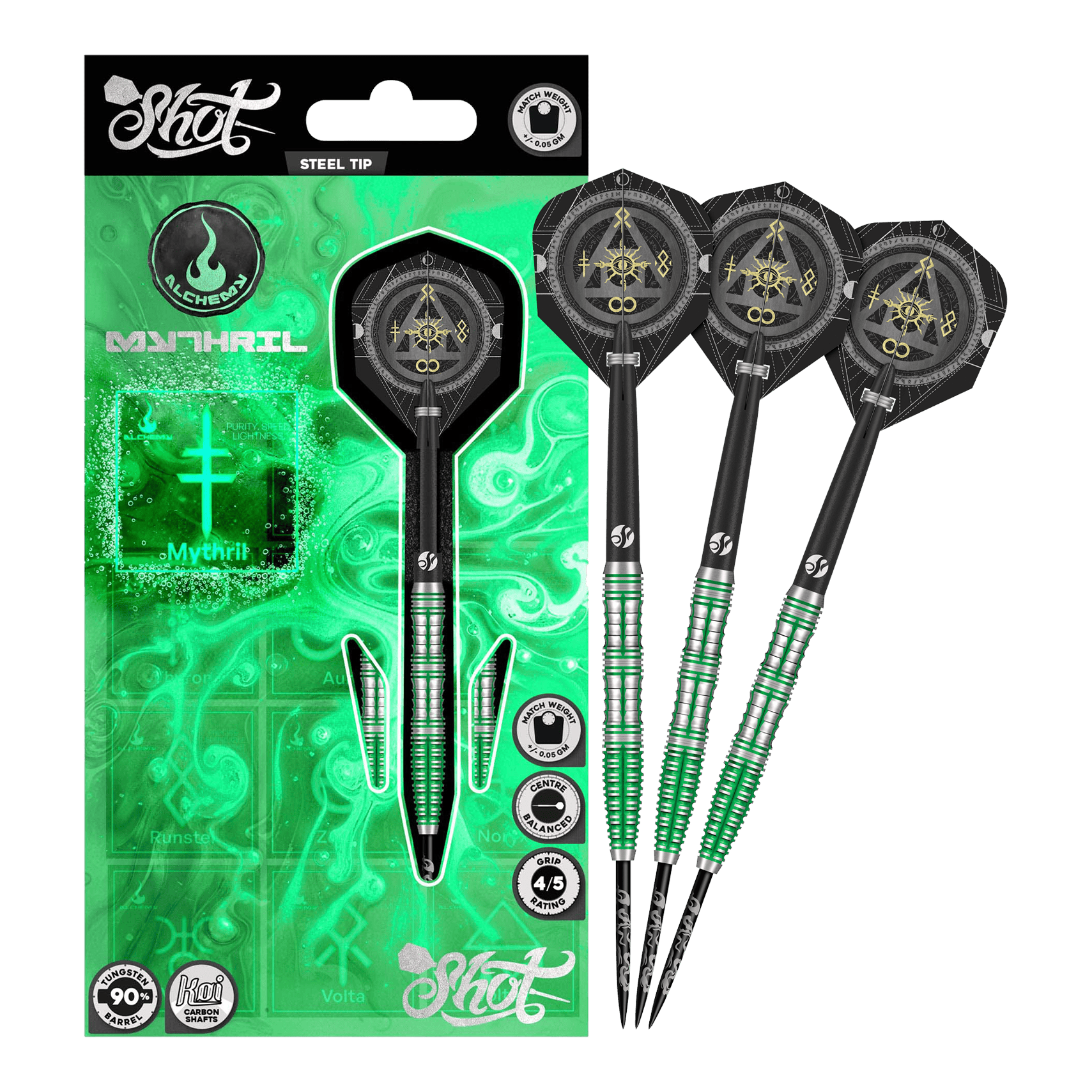 Dardos de acero de mithril de Shot Alchemy Auf dem Bild sind die Shot Alchemy Mythril Steeldarts komplett zu sehen. Sie überzeugen durch ihre edle Optik.