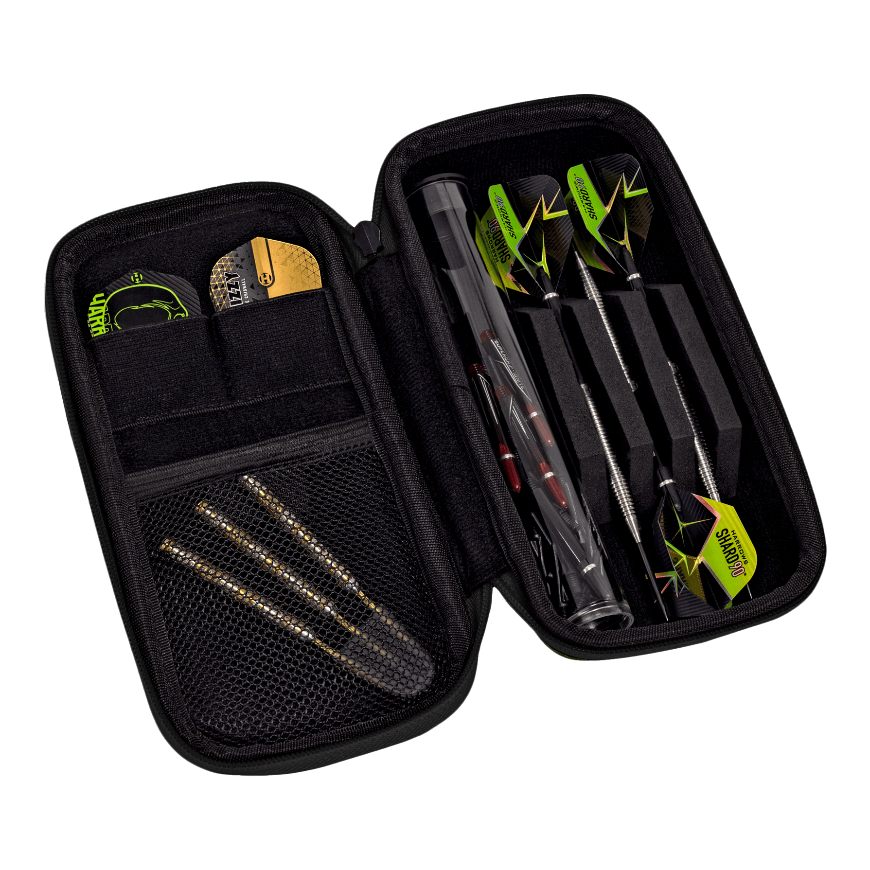 Cartera inteligente Harrows Dartcase Das Bild zeigt ein geöffnetes Dart-Etui mit mehreren Darts und Zubehör. Die Darts sind ordentlich in Fächern und Taschen im Etui verstaut.