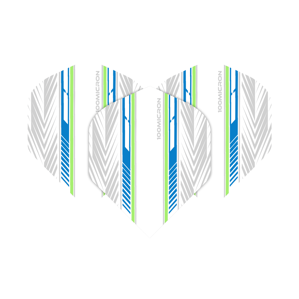 Vuelos de pentatlón blanco/azul/verde Das Bild zeigt die "Pentathlon White Blue Green No2 Standard Flights" mit einem modernen Design in Weiß, Blau und Grün. Die Flights haben ein Muster aus Linien und Pfeilen sowie den Aufdruck "100 MICRON".