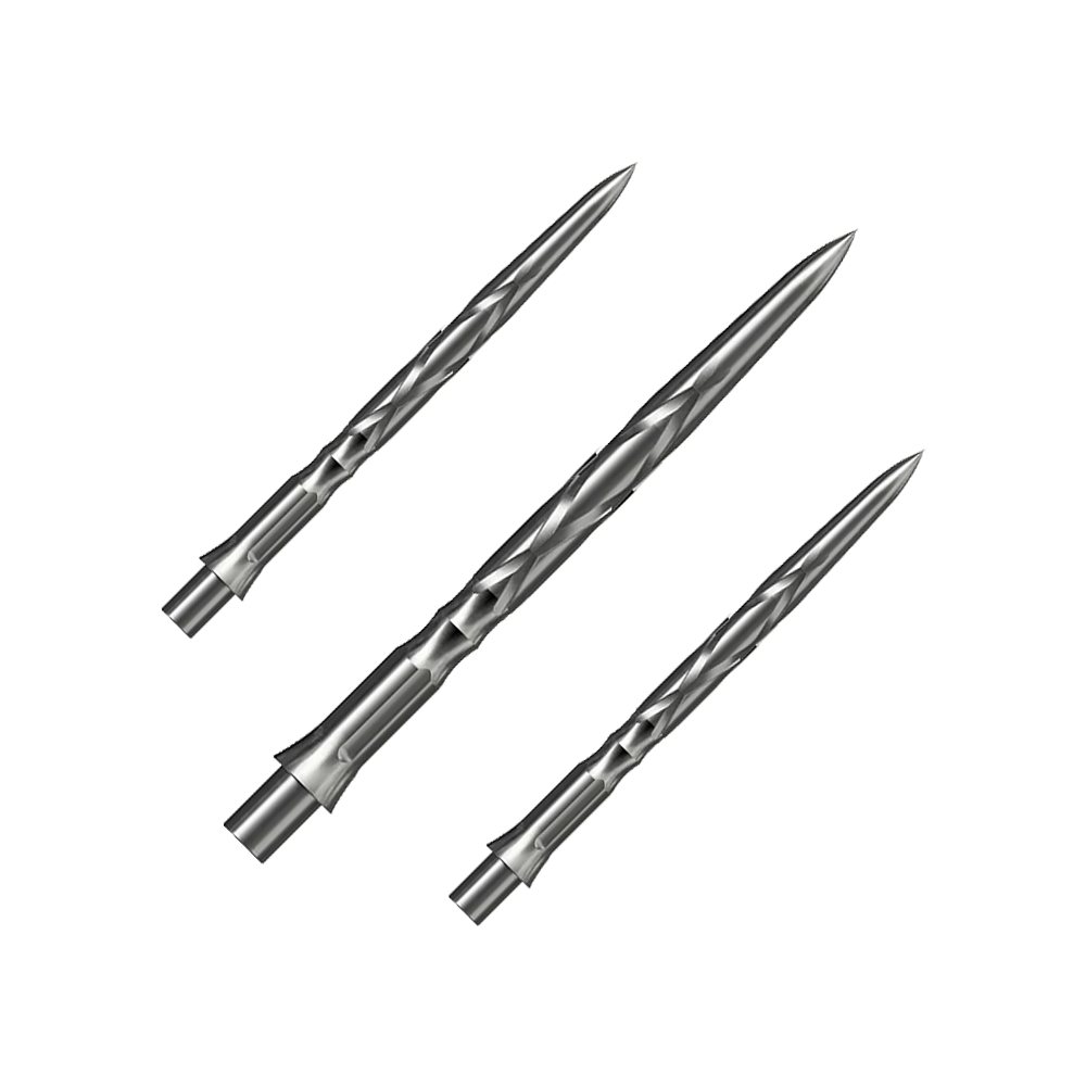 Puntas de dardos de acero Caliburn System - HAN G2 - Plata Das Bild zeigt drei silberne Steeldartspitzen mit einer gedrehten Oberflächenstruktur. Sie sind spitz zulaufend und für den Einsatz in Dartpfeilen geeignet.
