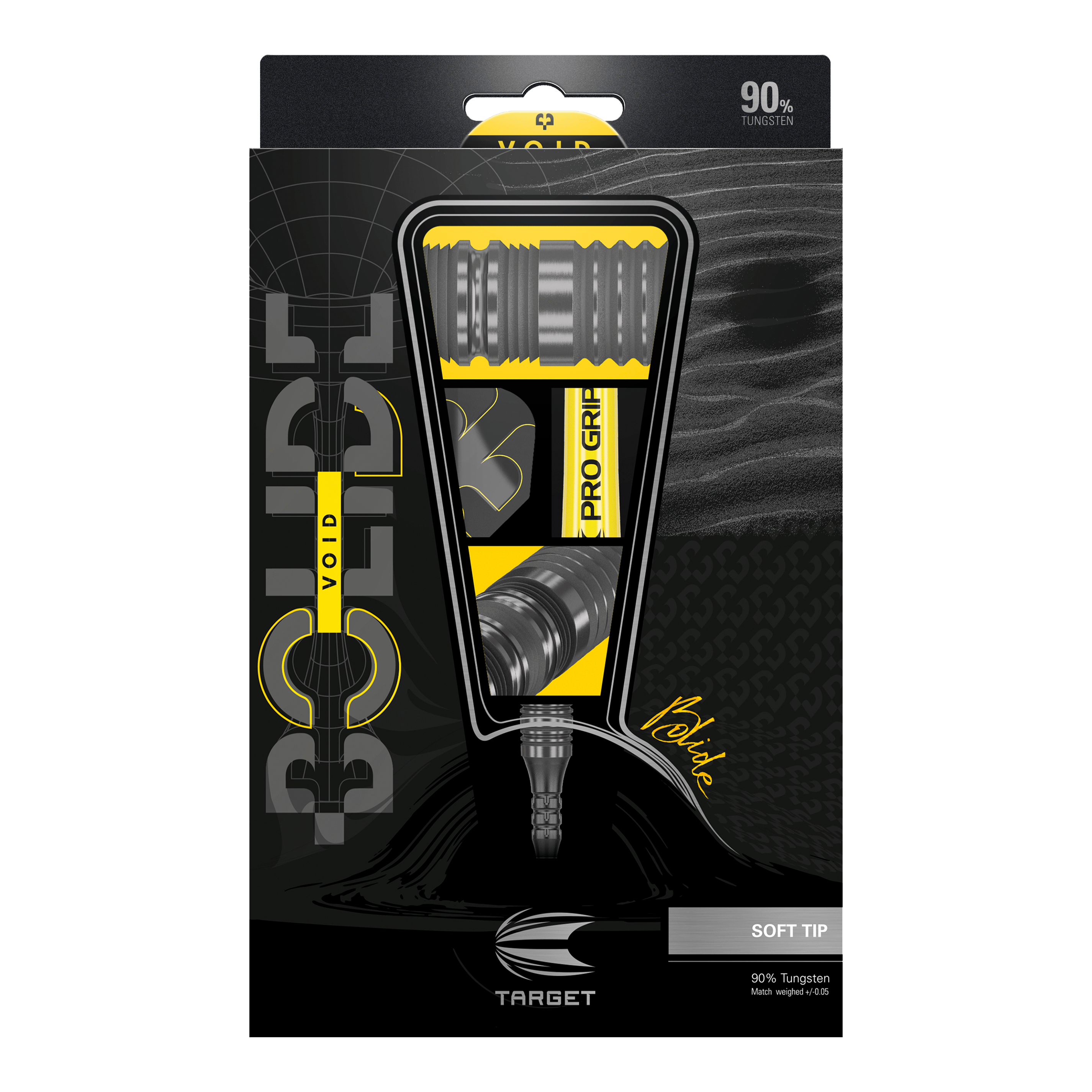 Dardos blandos Target Bolide Void 10 Das Bild zeigt die Verpackung der "Target Bolide Void 10 Softdarts". Die Verpackung ist schwarz-gelb gestaltet und hebt die Darts mit 90% Tungsten-Anteil hervor.