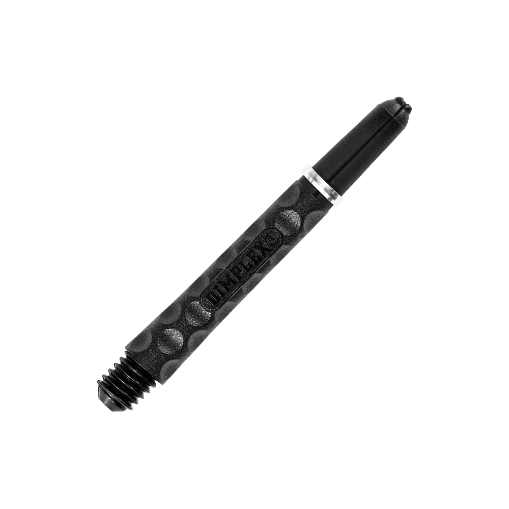 Harrows Dimplex Shafts - Schwarz Das Bild zeigt einen schwarzen Dartshaft mit einer strukturierten Oberfläche. Auf dem Schaft steht das Wort "DIMPLEX" und er ist etwa 41 mm lang.