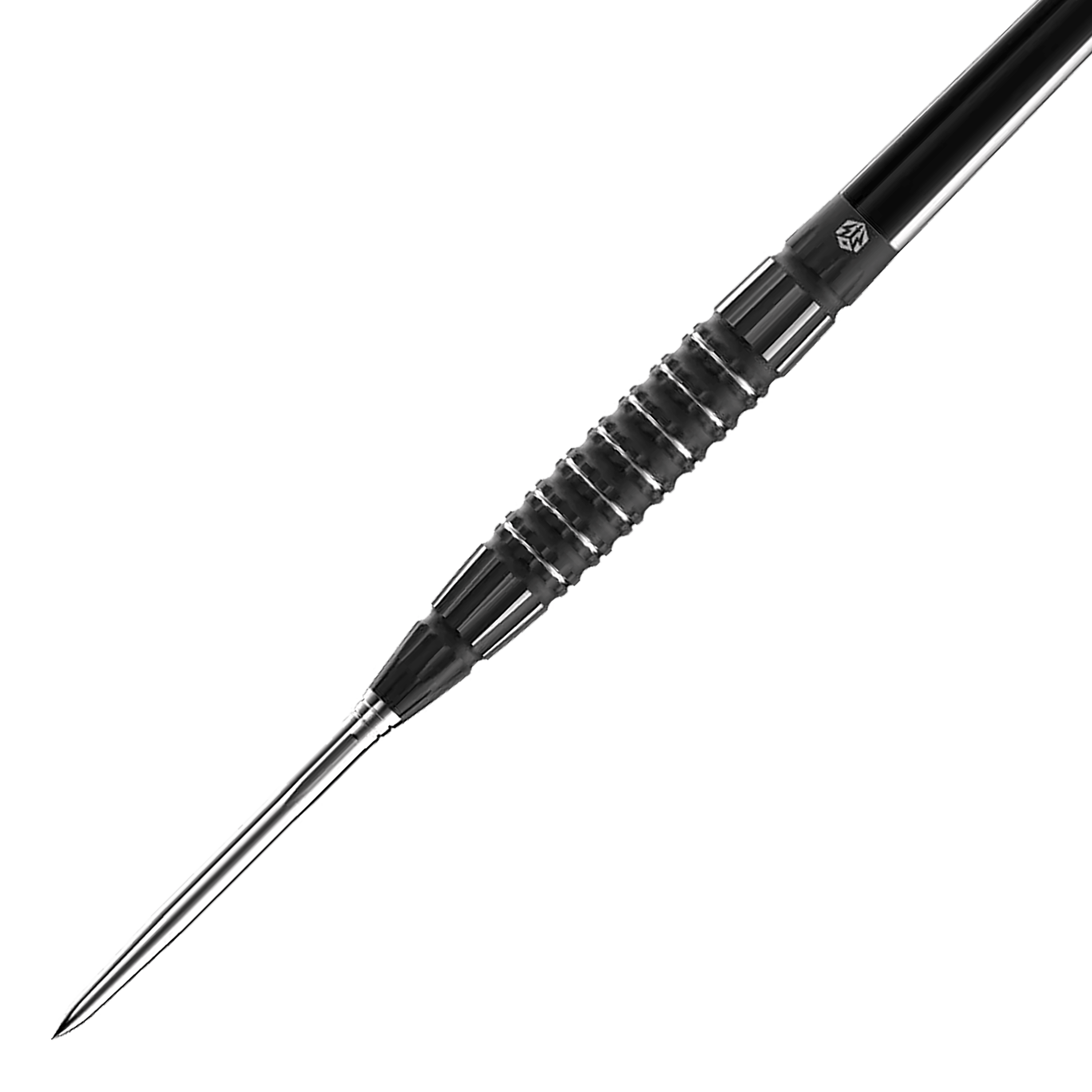 Dardos de acero Caliburn Sword S3 - 23 g Das Bild zeigt einen Caliburn Sword S3 Steeldart mit einem Gewicht von 23 g. Der Dartpfeil hat ein schlankes, schwarzes Design mit einer geriffelten Griffzone.
