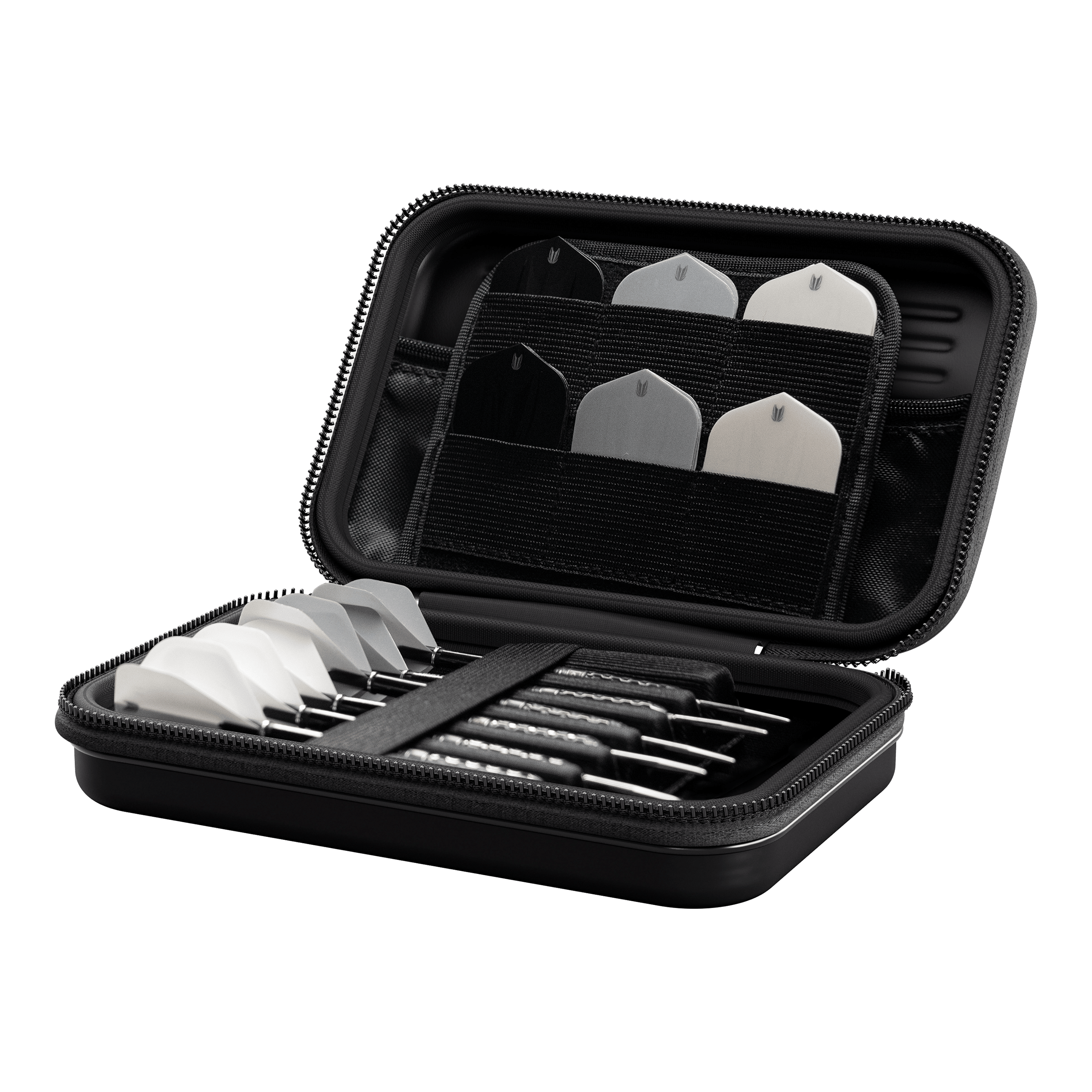 Estuche de dardos Chris Dobey de la serie Ghost de Takoma XL Das Bild zeigt das Produkt "Target Takoma Bolide XL Dartcase". In dem geöffneten Etui sind mehrere Dartpfeile und Ersatzflights ordentlich verstaut.