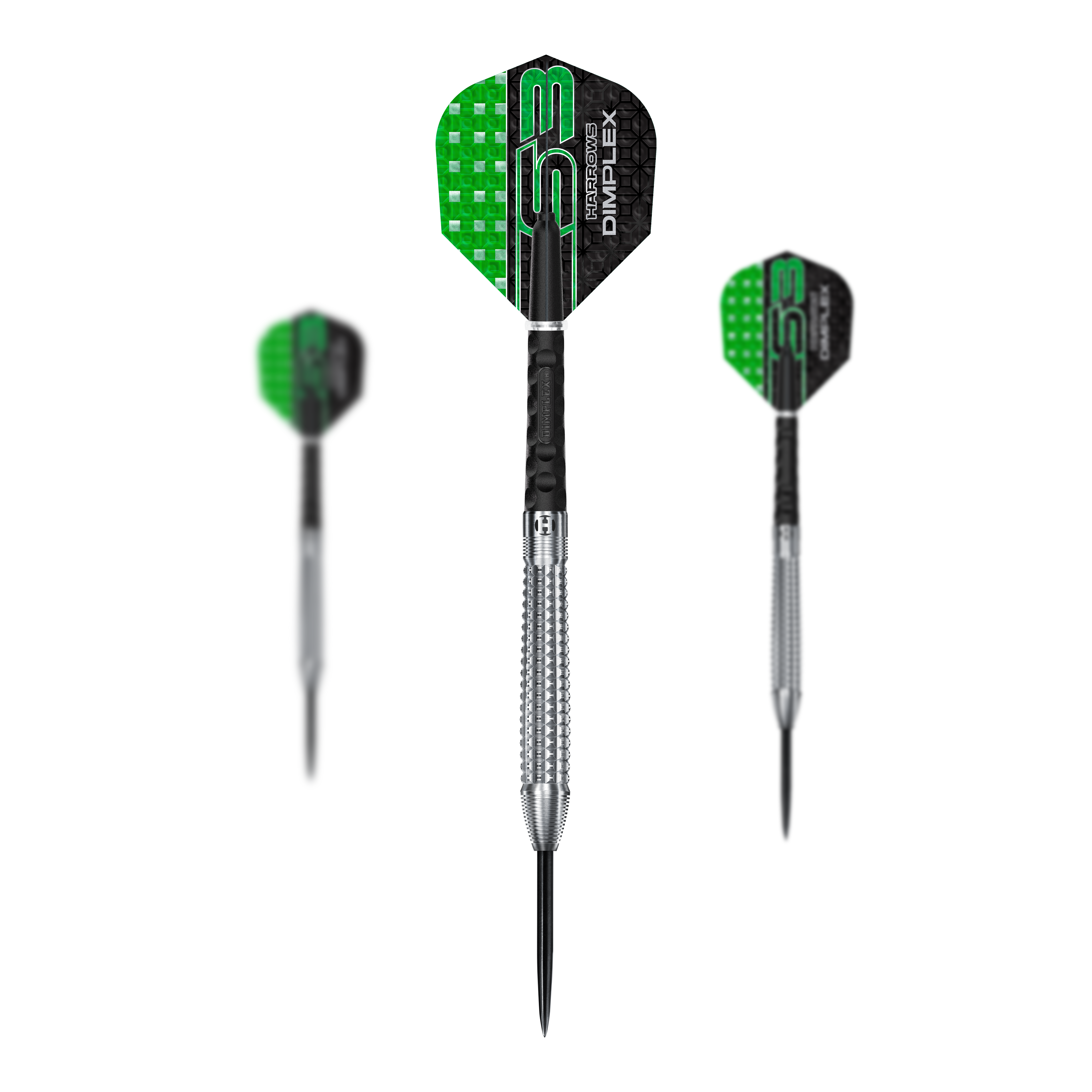 Dardos de acero cónicos Harrows Dimplex S3 Das Bild zeigt drei Steeldarts der Marke "Harrows Dimplex S3 Tapered". Die Flights sind schwarz-grün und die Barrel sind silberfarben mit einer geriffelten Struktur.