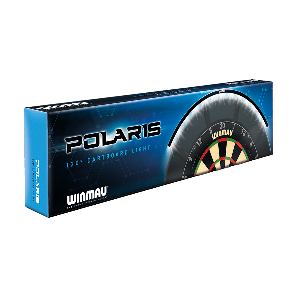 8412_Winmau_Polaris_120_LED_Dartboard_Light_5 Die Abbildung zeigt die Verpackung des "Winmau Polaris 120° LED Dartboard Light". Auf der Verpackung ist ein teilweise beleuchtetes Dartboard zu sehen sowie der Produktname und das Winmau-Logo.
