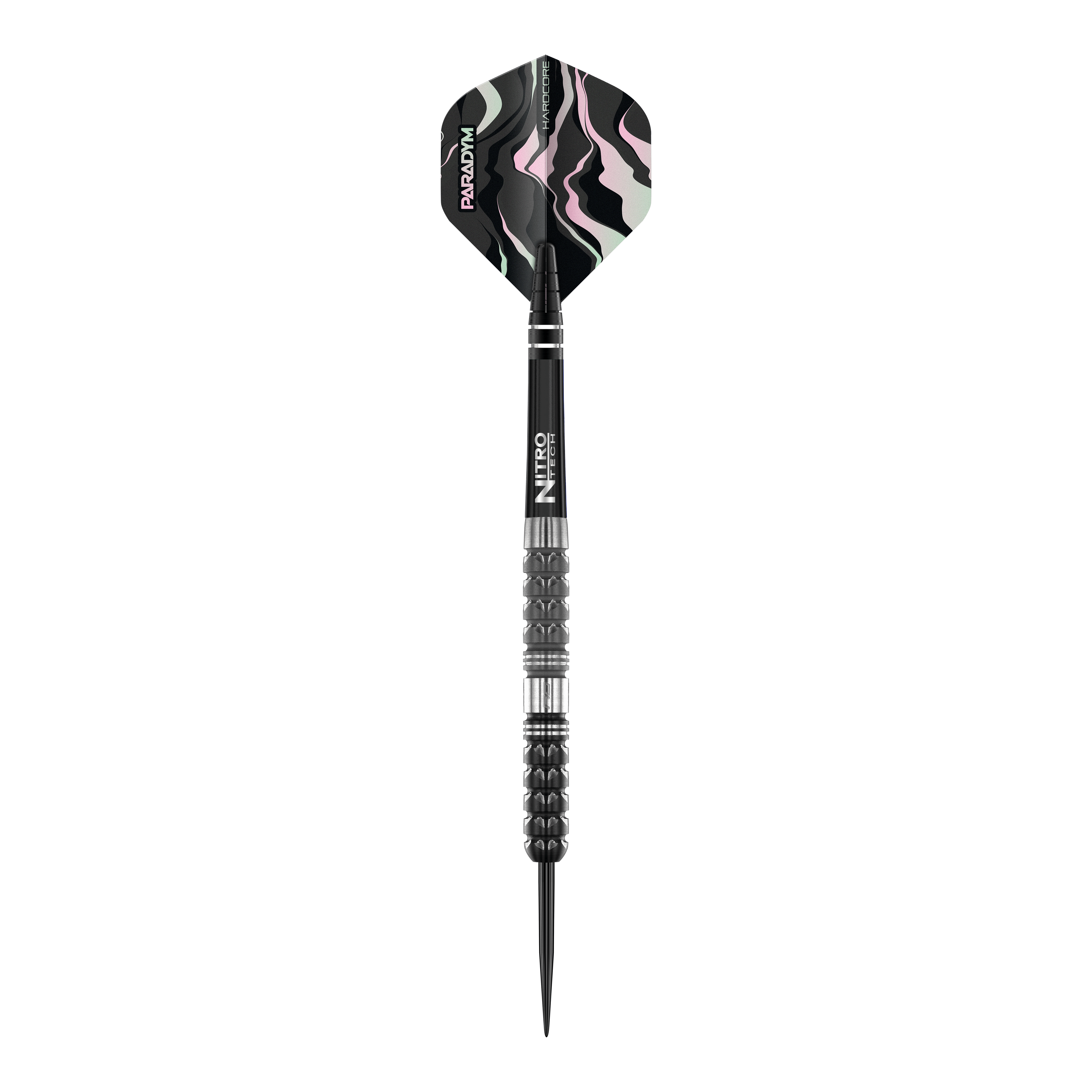 Dardos de acero cónicos Red Dragon Paradym Das Bild zeigt einen Red Dragon Paradym Tapered Steeldart. Der Dart hat ein modernes, schwarzes Design mit markant gemusterter Flugfeder.
