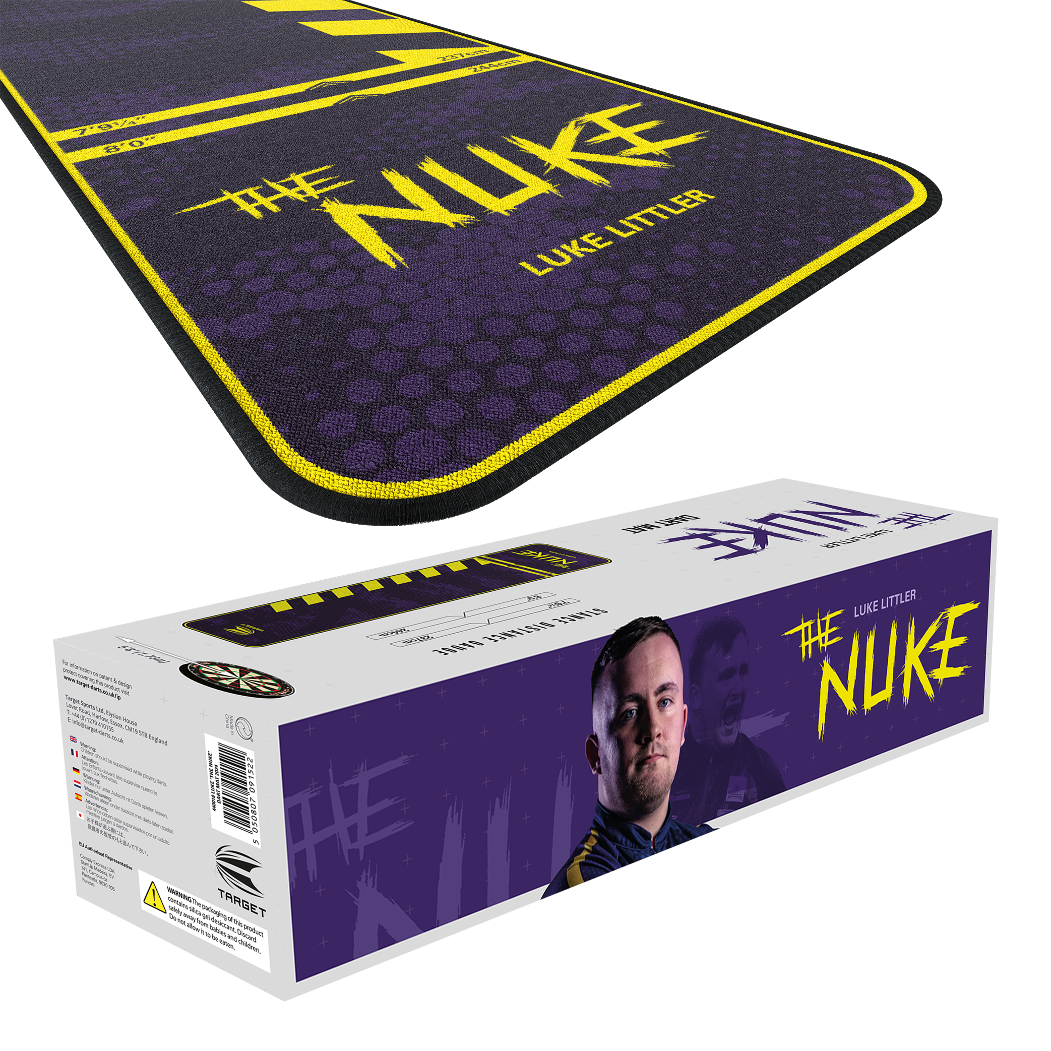 Target Luke Littler La alfombrilla de dardos Nuke Das Bild zeigt den "Target Luke Littler The Nuke Dartteppich" in lila Farbe mit gelben Akzenten. Auf der Verpackung ist ein Bild von Luke Littler sowie der Produktname zu sehen.